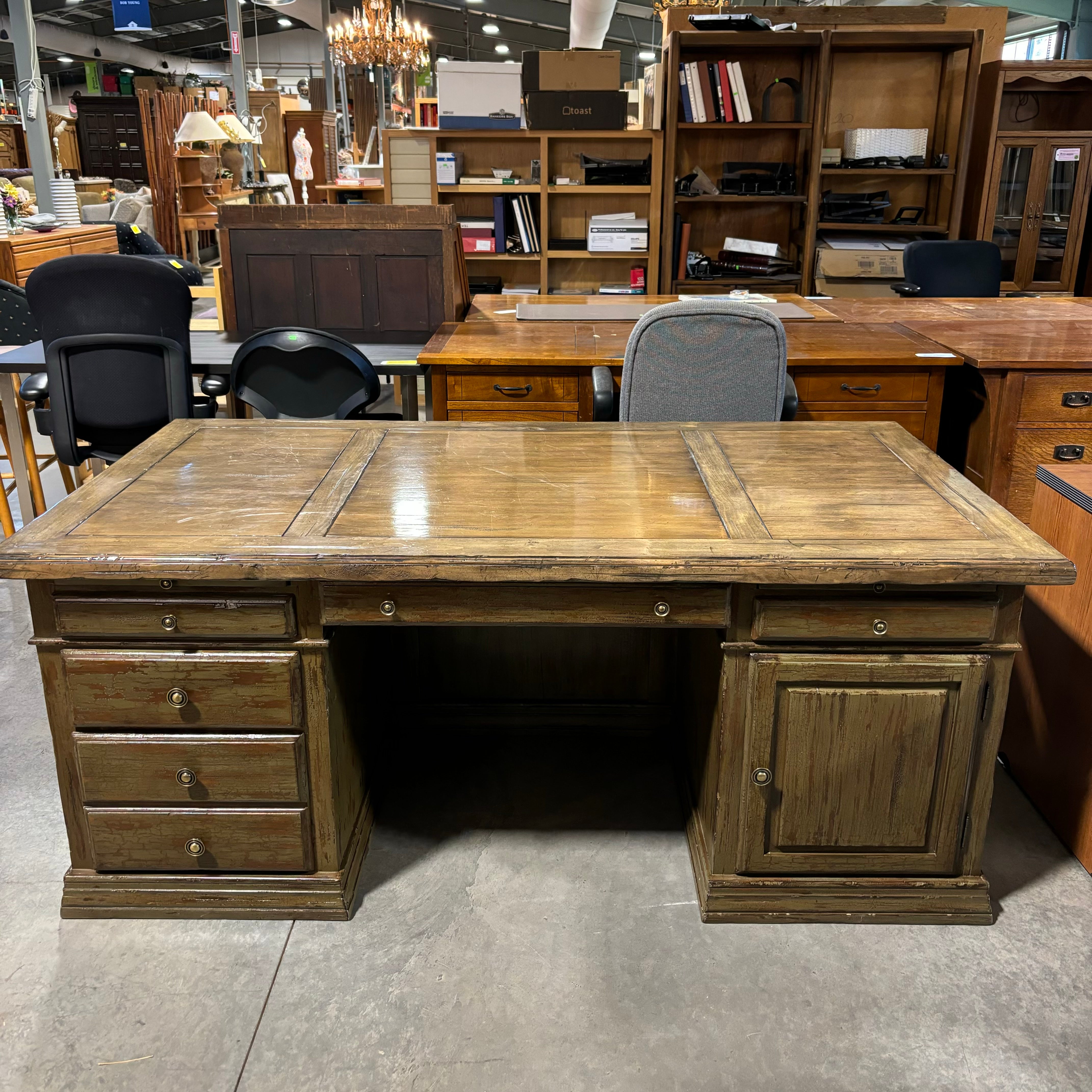 Antique Distressed Moss Finish 5 Drawer 1 Door with Dual Surface Pullouts Desk 74"x 41"x 30.5"