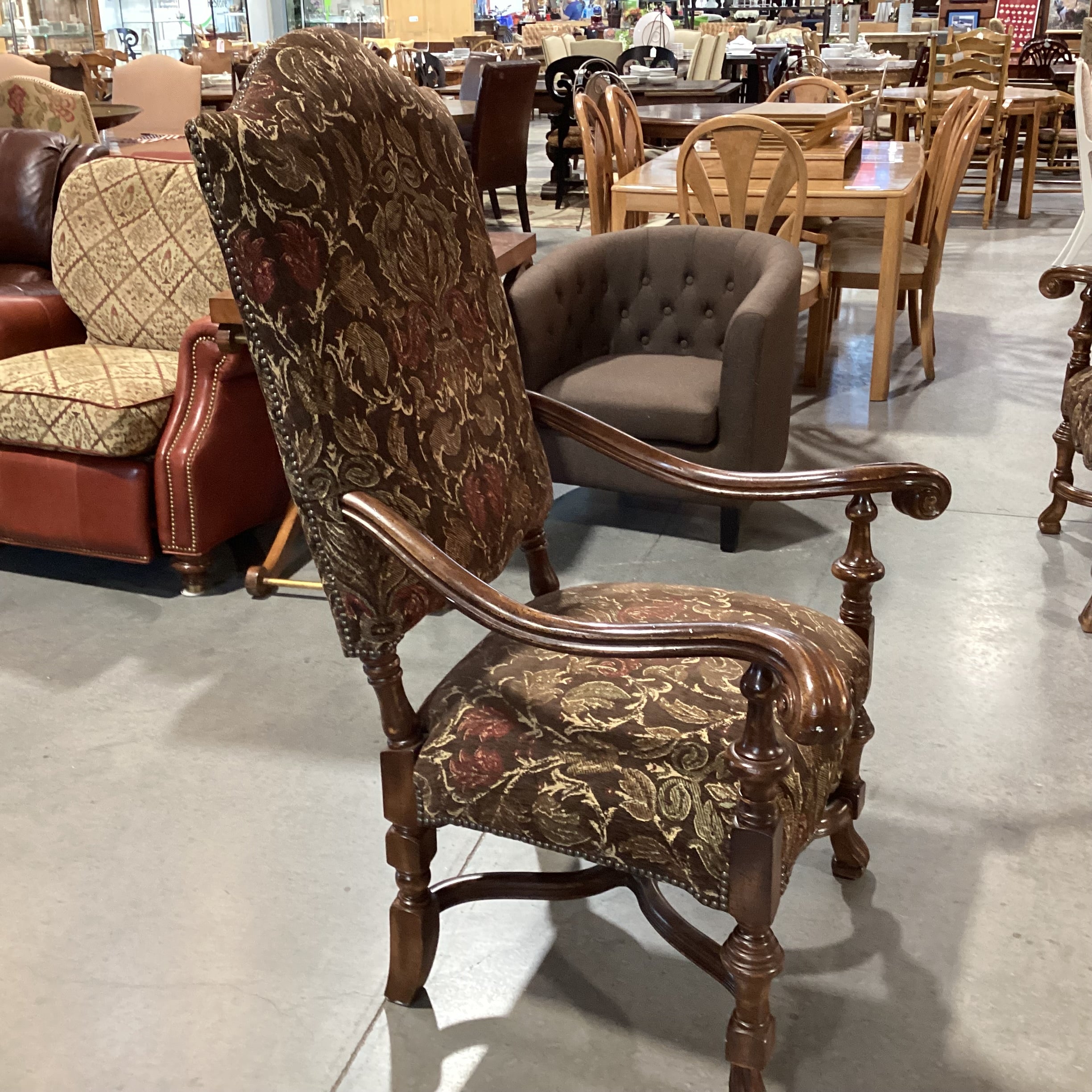 Wesley Hall Ornate Carved Wood & Brown Gold Floral Chair 33"x 33"x 53"