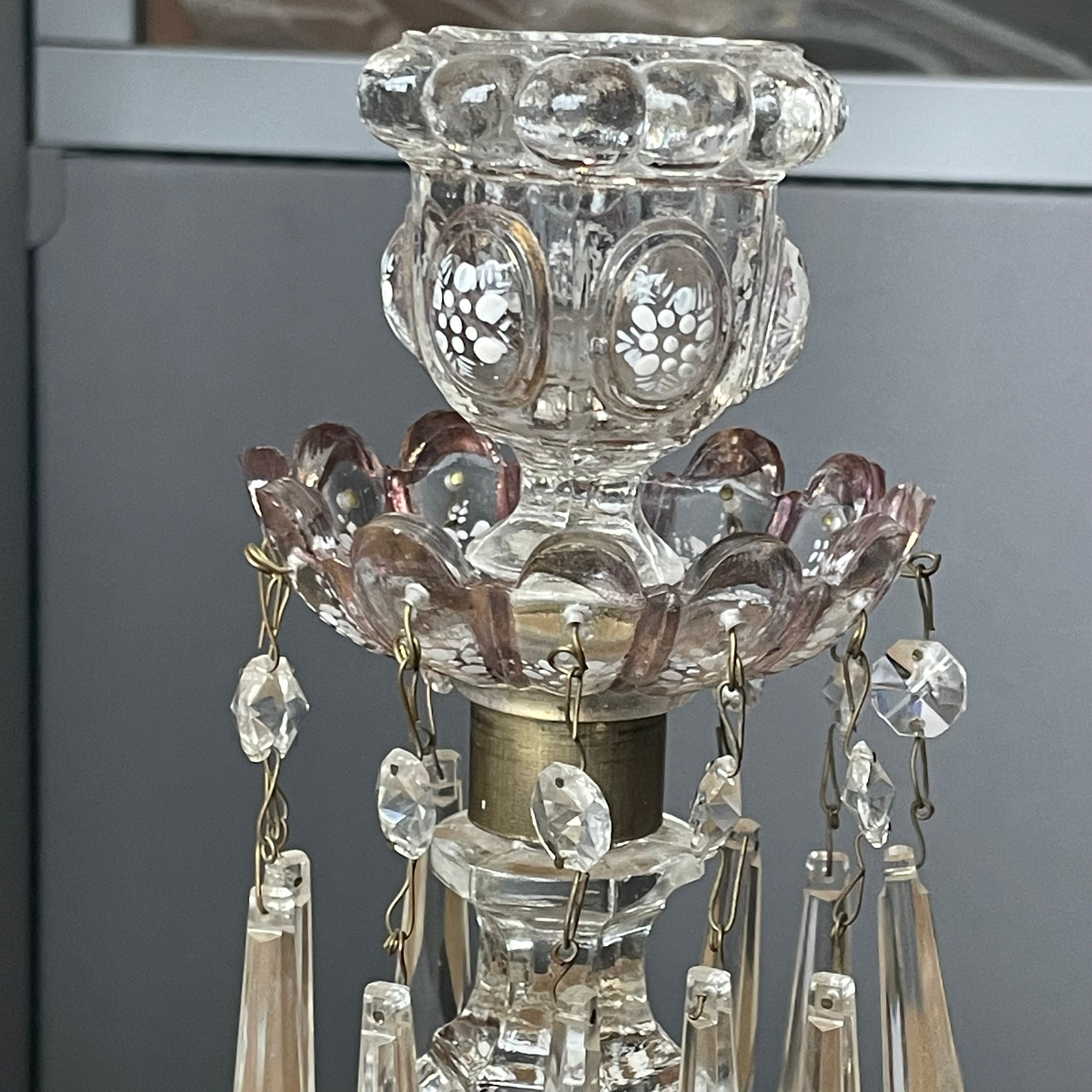 Antique 1850's Baccarat Style Gold Trim White Enamel Detail Pressed Glass Candelabras, Pair