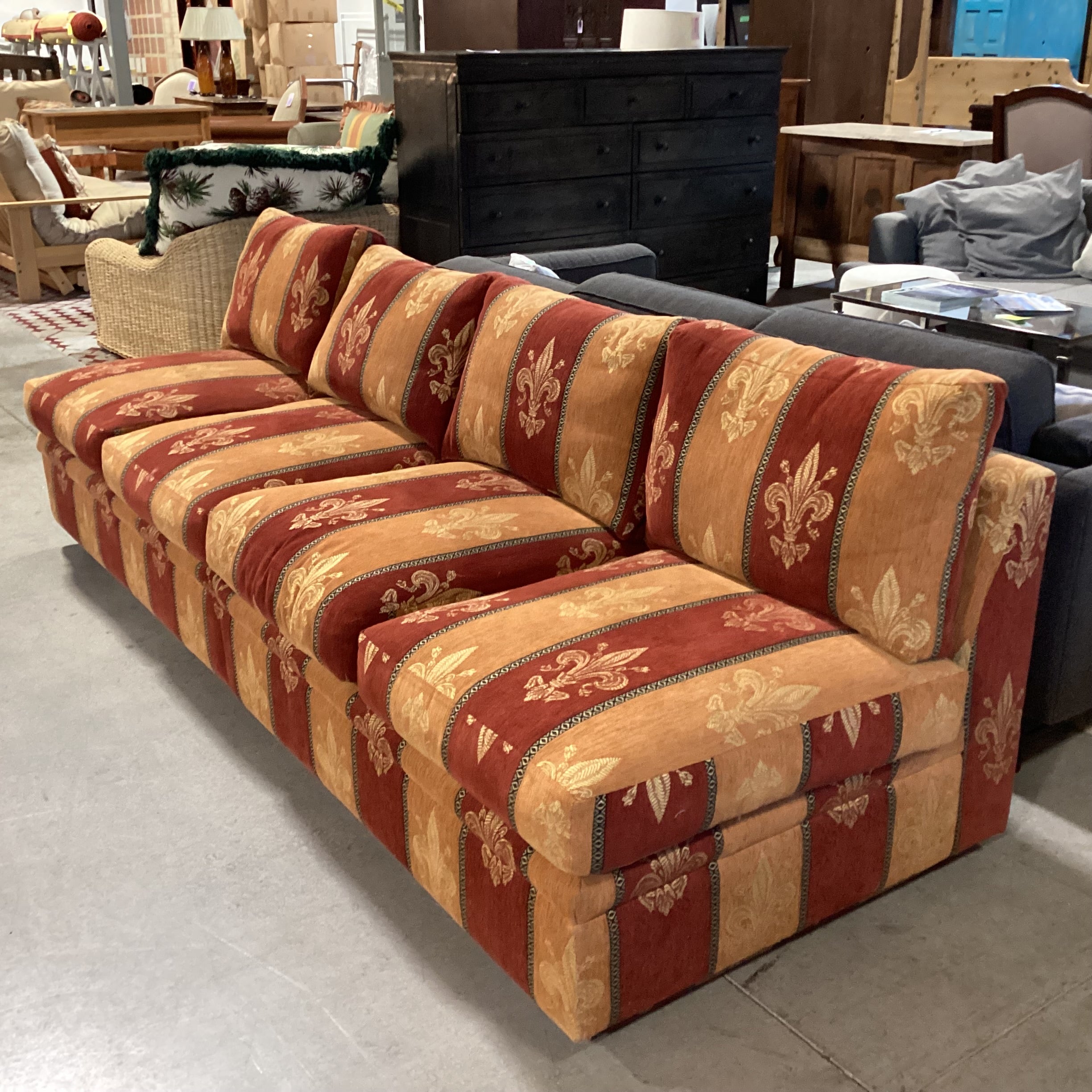 R Jones Custom Rust Gold Fleur De Lis Down Mix 2 Piece Sofa 103"x 37"x 30"