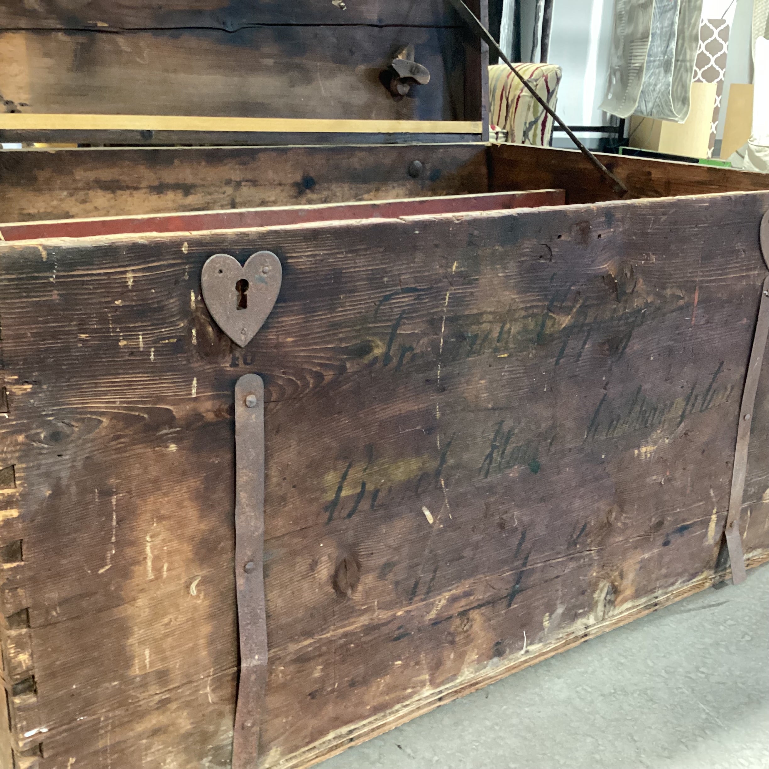 Antique Wood With Iron Bands & Heart Keyhole Trunk 42"x 28"x 23"
