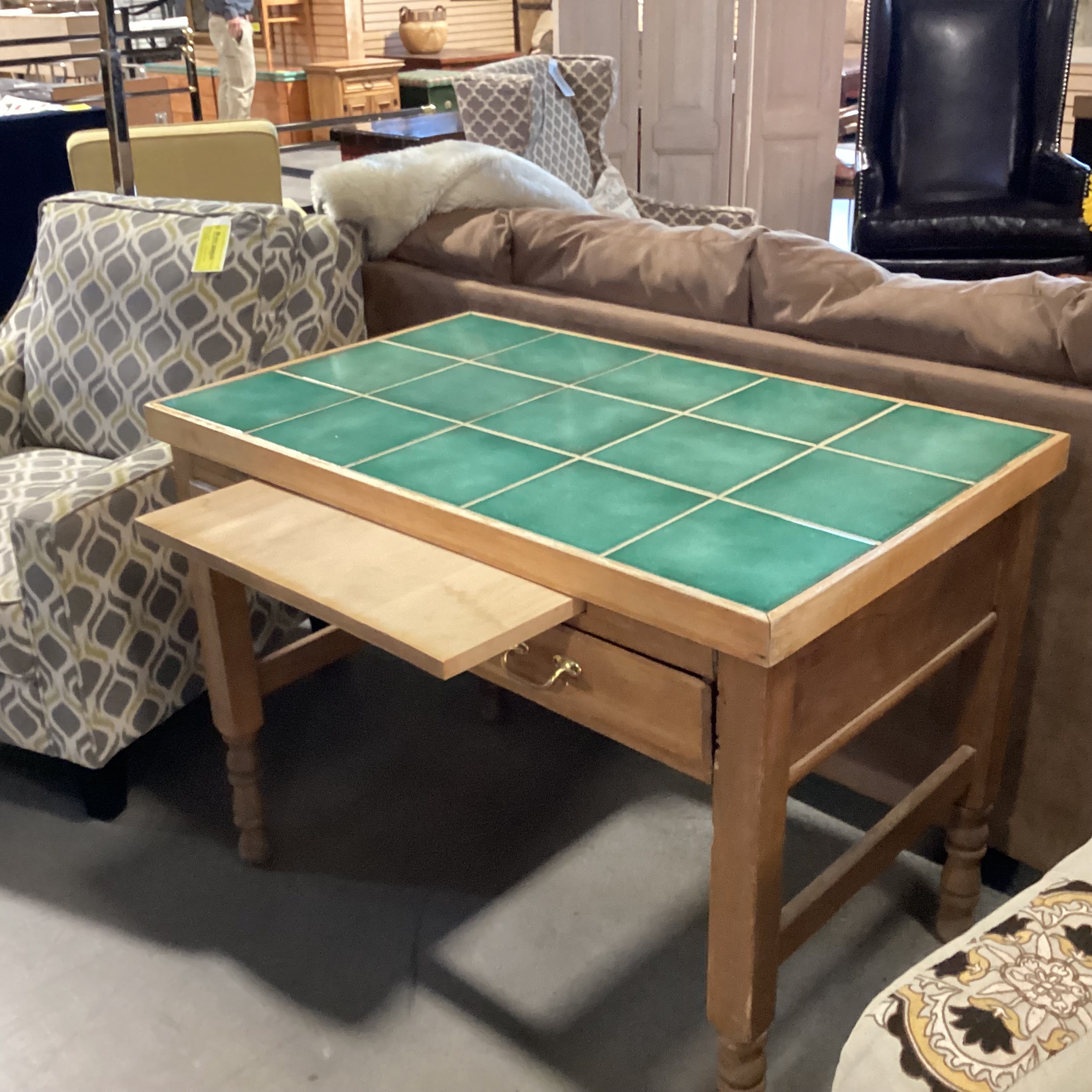 Vintage Natural Wood with Green Tile Inset Top 2 Drawer Kitchen Island Table 41.5"x 25.5"x 30.5"