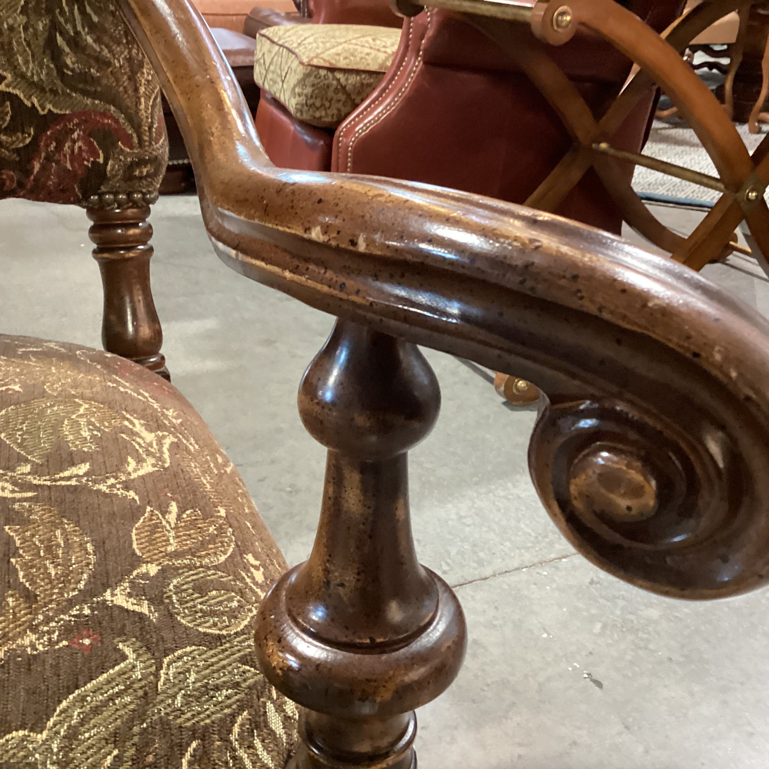 Wesley Hall Ornate Carved Wood & Brown Gold Floral Chair 33"x 33"x 53"