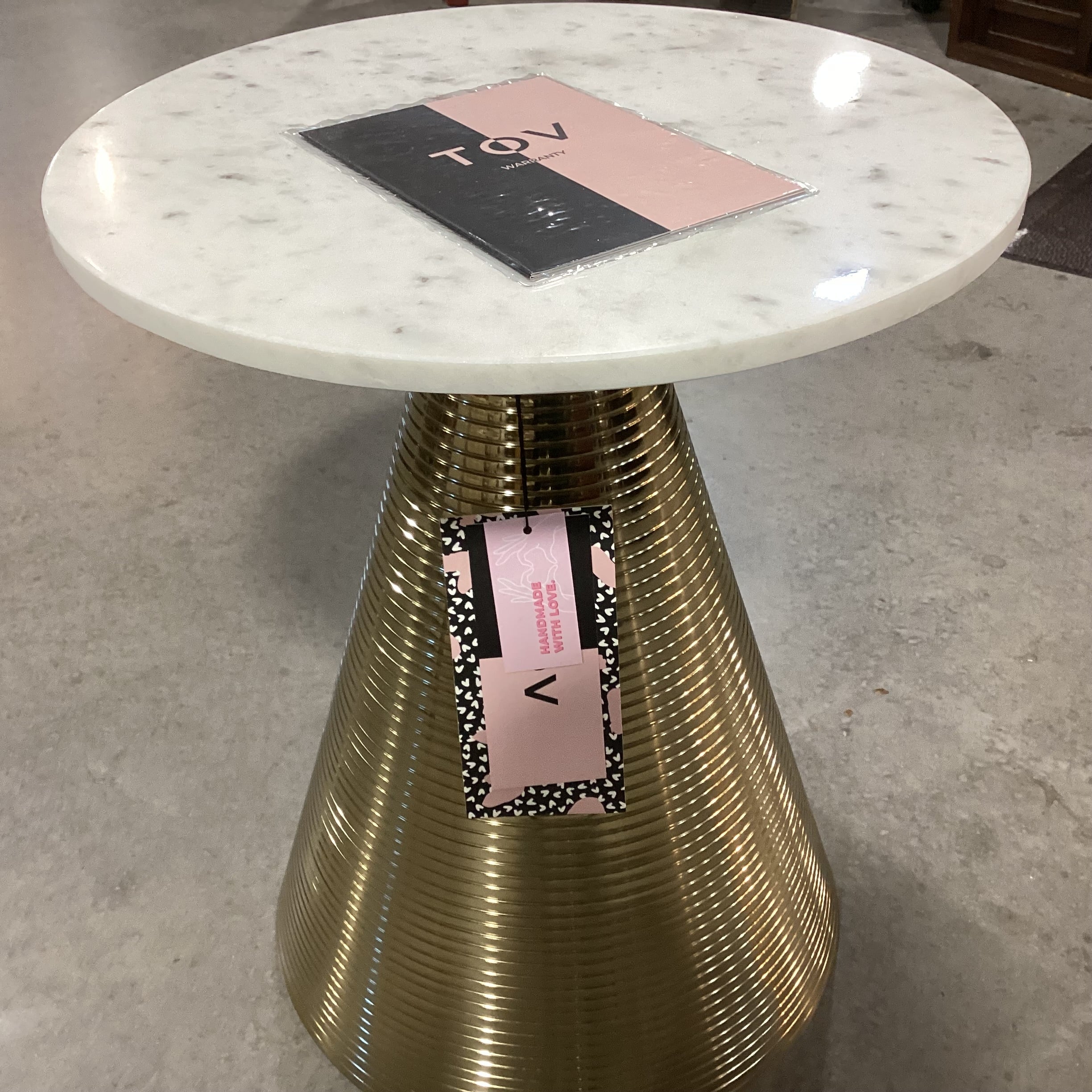TOV Furniture Tempo Gold Metal Conical Base & Round Marble Accent Table
