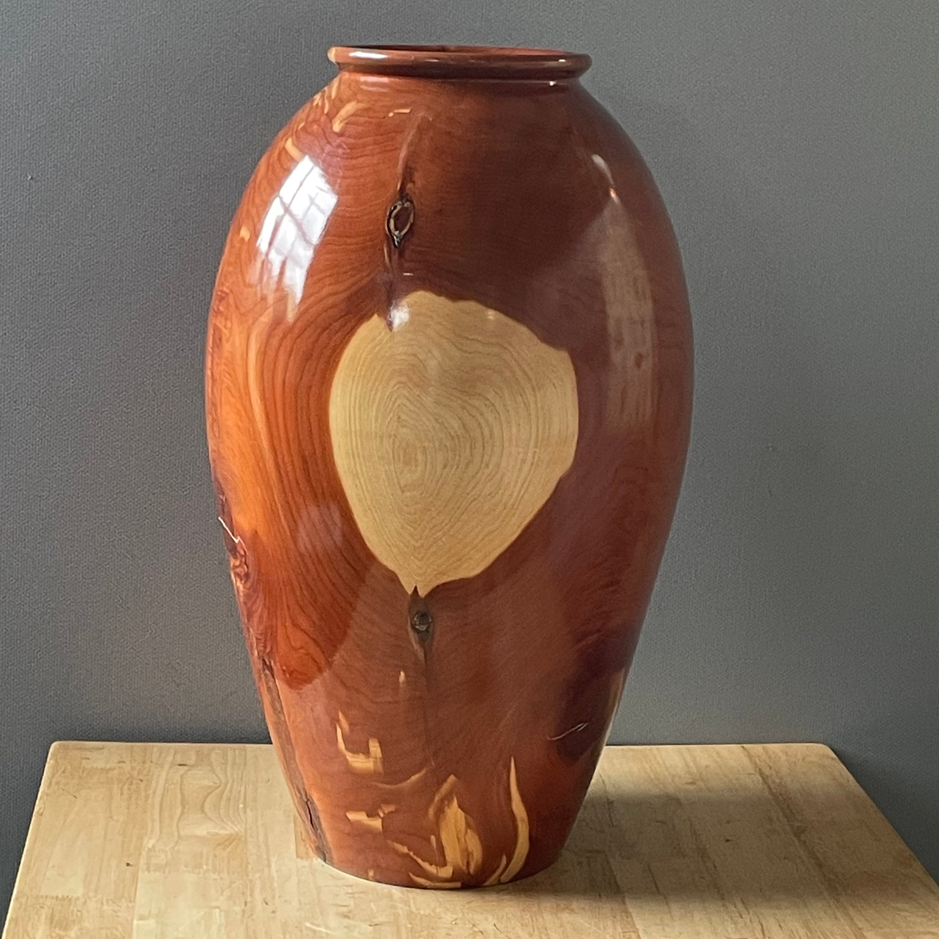 John Scott, Colorado Artist Hand-Turned Burl Wood Vase, 12"x 21"