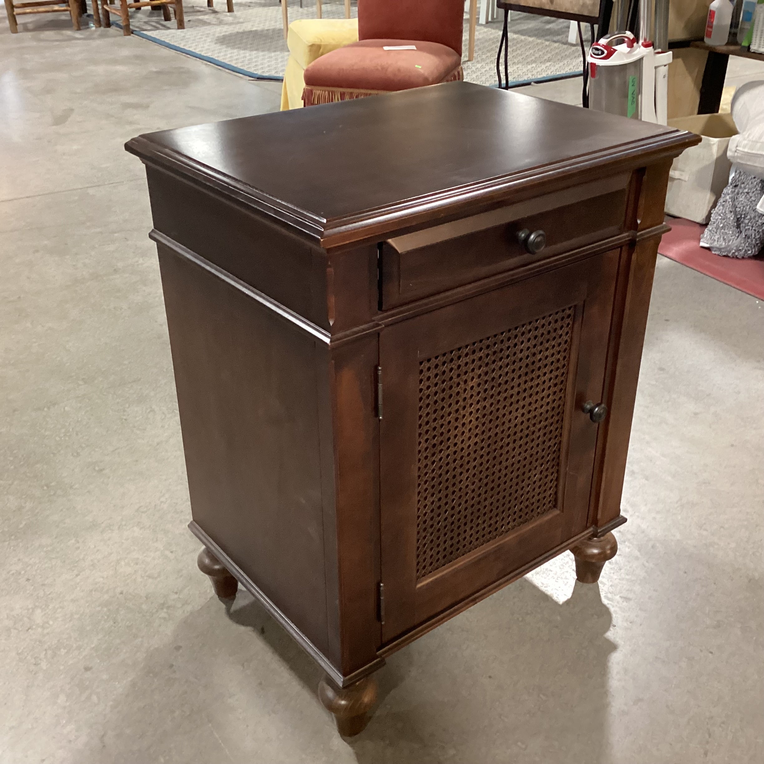 Michaels Furniture for Restoration Hardware Dark Finish Carved Wood 1 Caned Door 1 Drawer Nightstand 24.5"x 18"x 31"