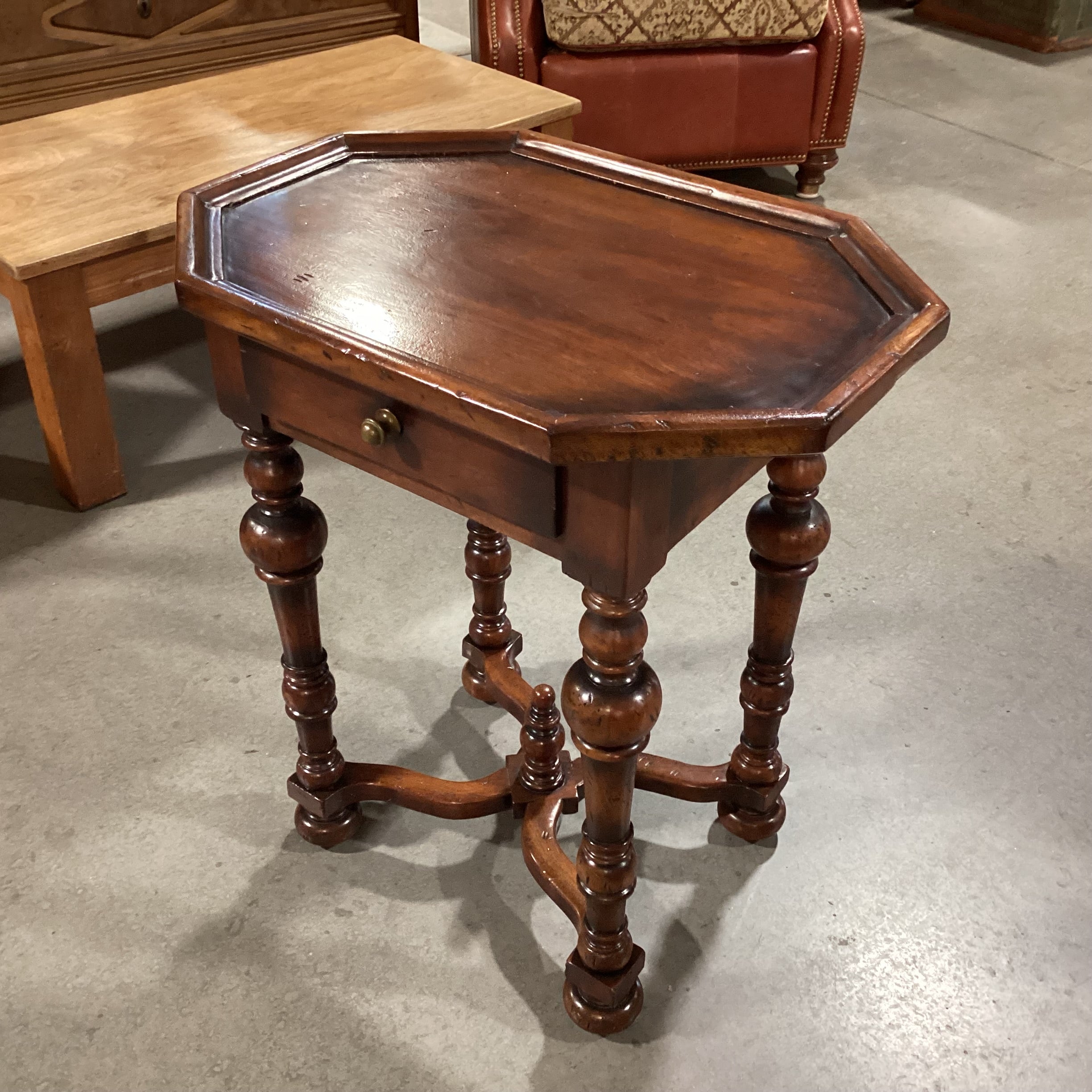 Ornate Carved Distressed Solid Wood 1 Drawer with Based Trestle Detail End Table 26"x 18"x 28.5"