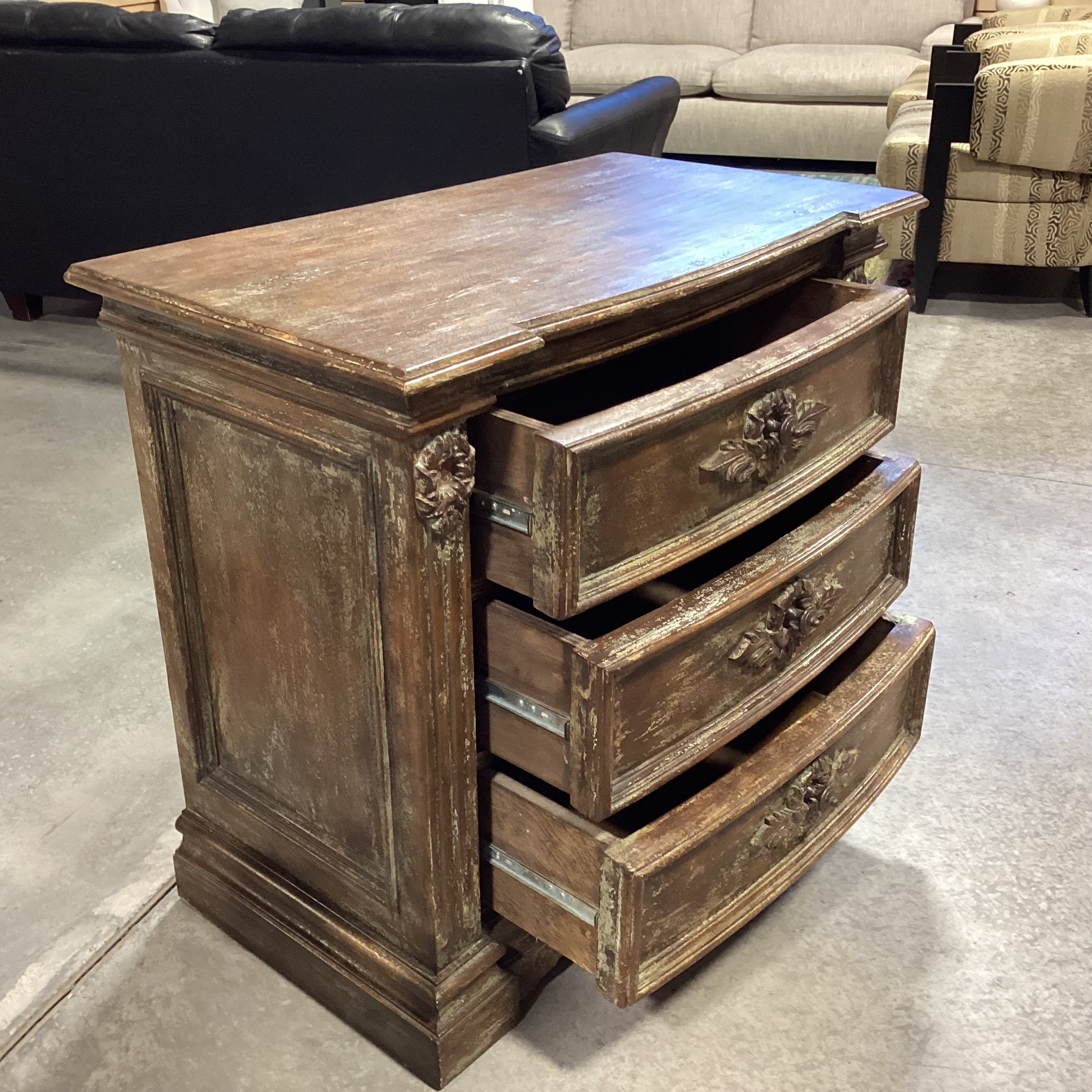 Antiqued Distressed Carved Wood 3 Drawer Nightstand 36"x 20"x 33"