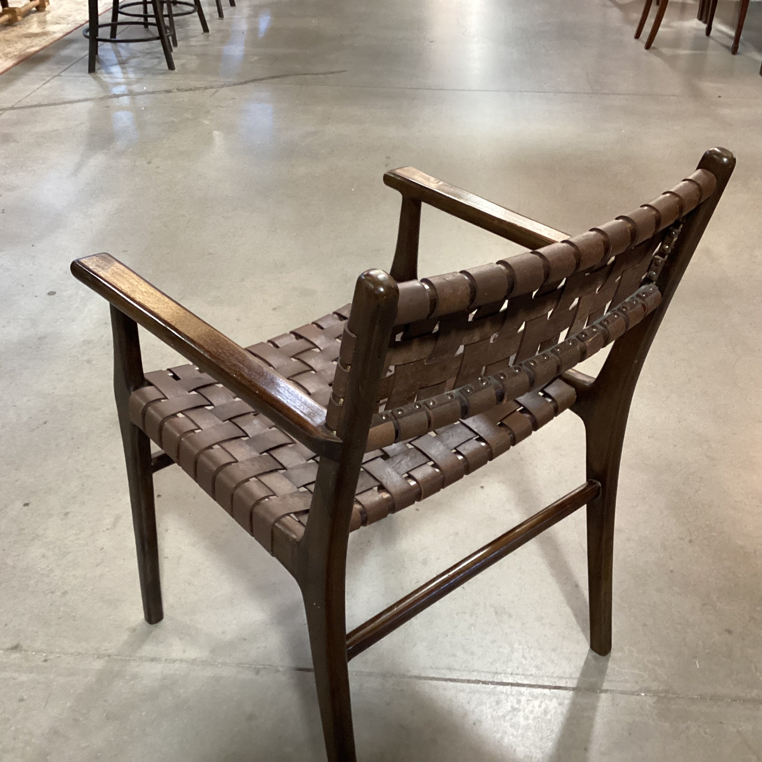 Mid Century Style Dark Finish Wood & Leather Basket Weave Chair 24"x 24"x 34"