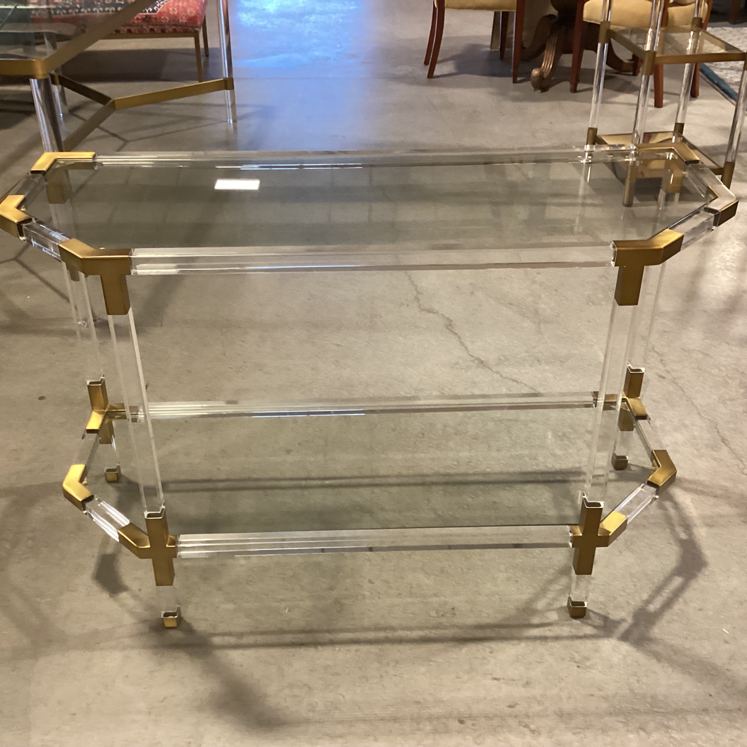 Anthropologie Oscarine Lucite & Glass with Brass Finished Metal Console Sofa Table 47"x 18"x 30"