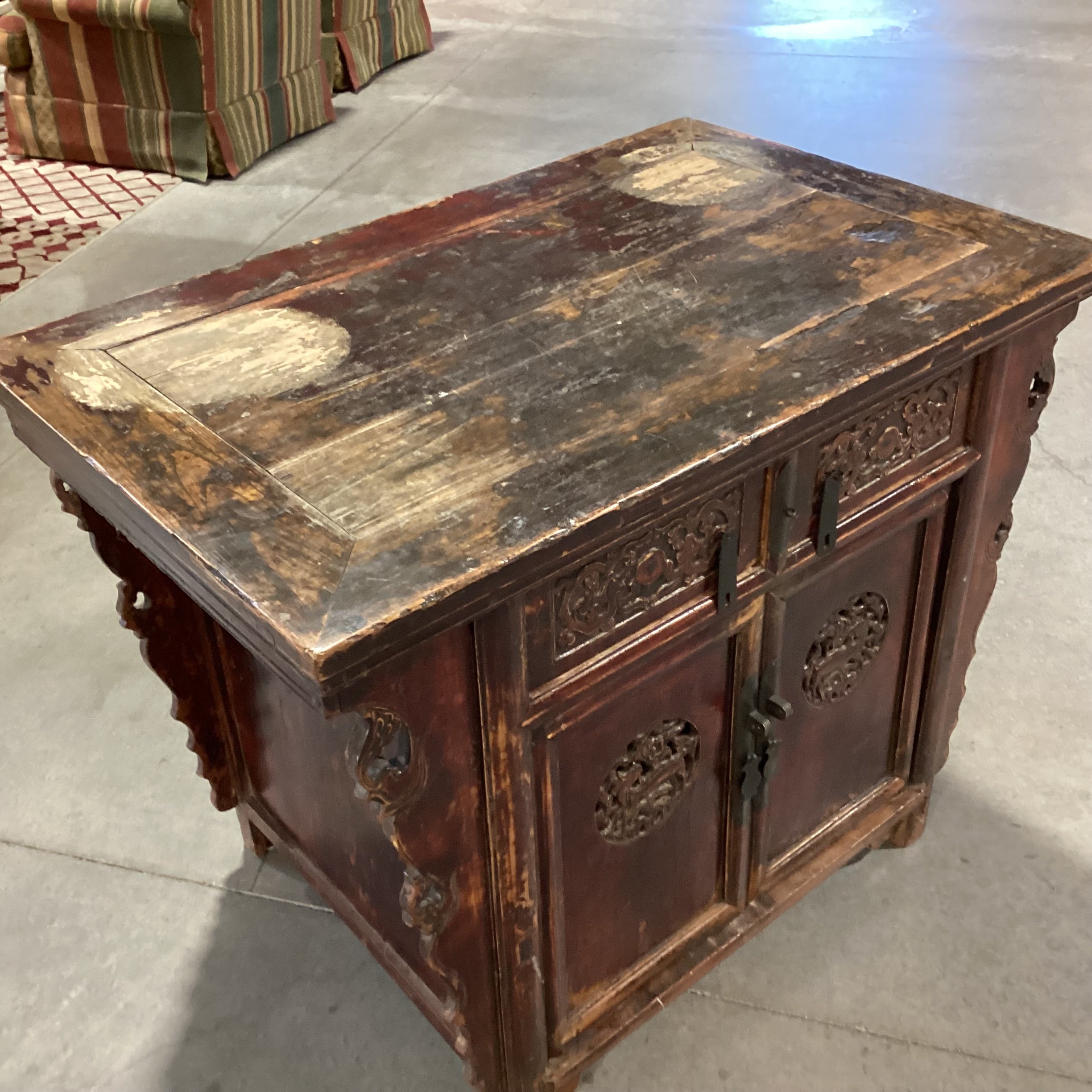 Vintage Antique Asian Carved Wood 2 Door 2 Drawer Alter Cabinet Console 43"x 27.5"x 34"