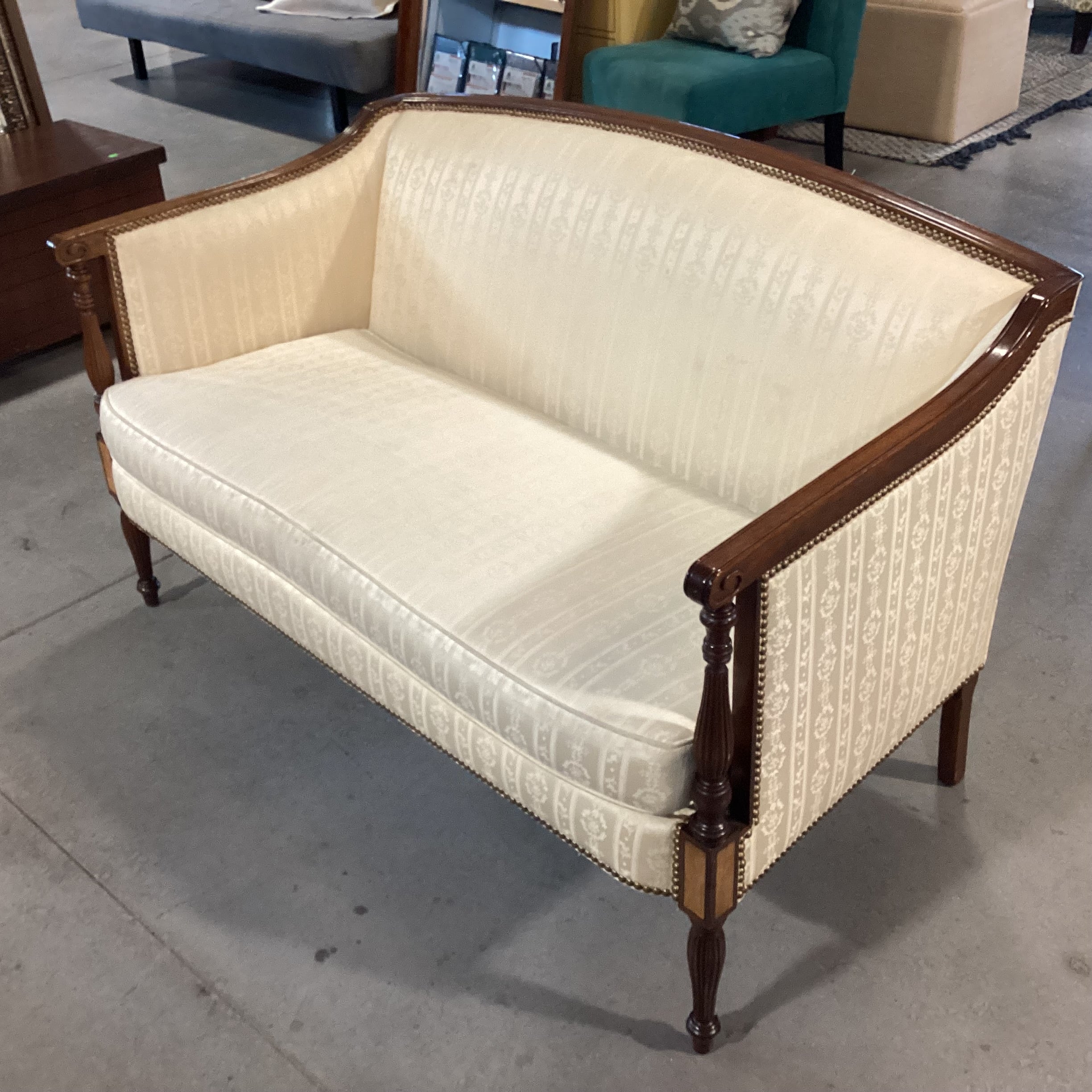 Hickory Chair Furniture Cream Ribbon with Nailhead & Carved Wood Loveseat Sofa 53"x 28"x 34"