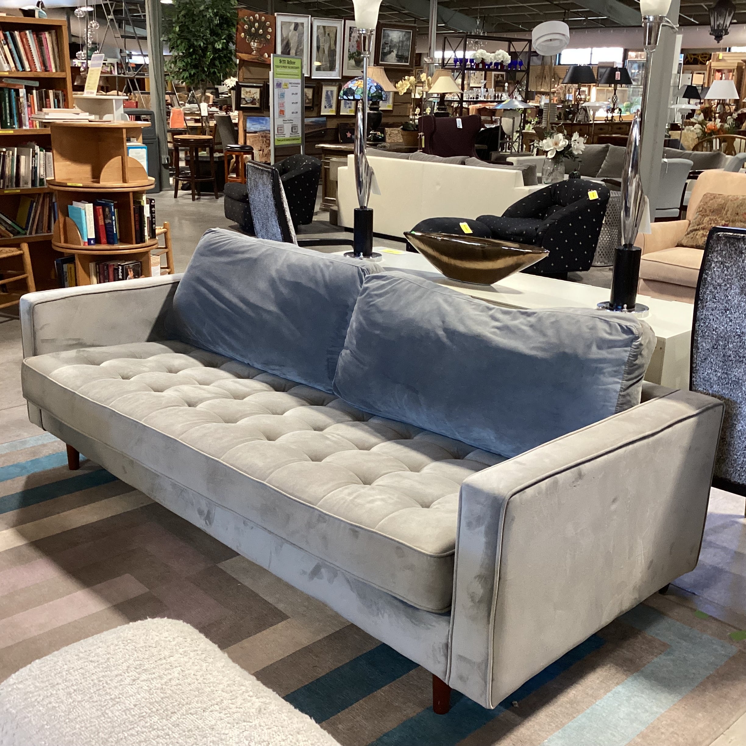 Grey Plush Velveteen Tufted Seat Sofa 87"x 37"x 26"