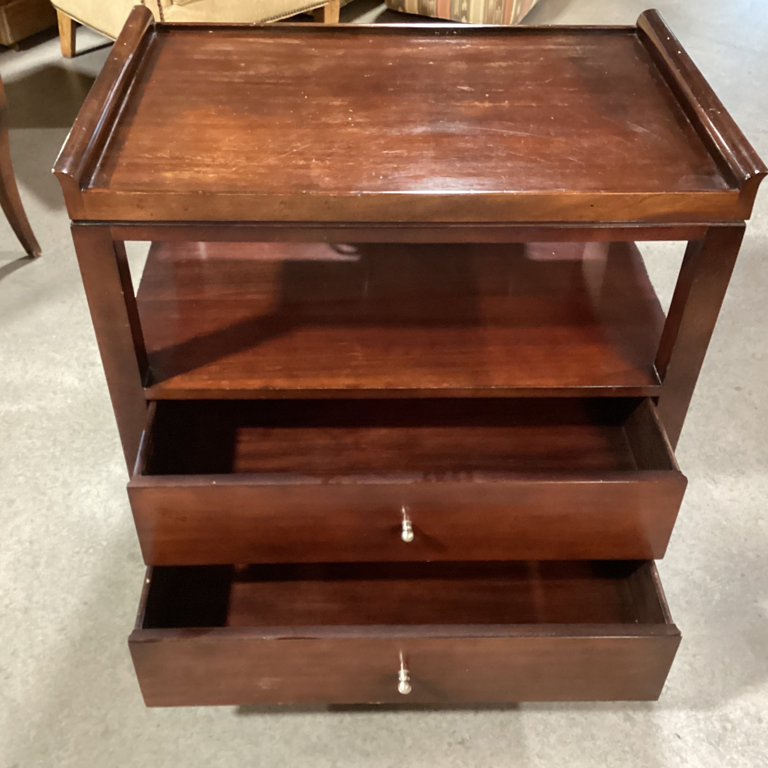 Milling Road a Division of Baker Furniture Dark Finish Wood Tray Top 2 Drawer with Power Strip Nightstand 31"x 20"x 30"