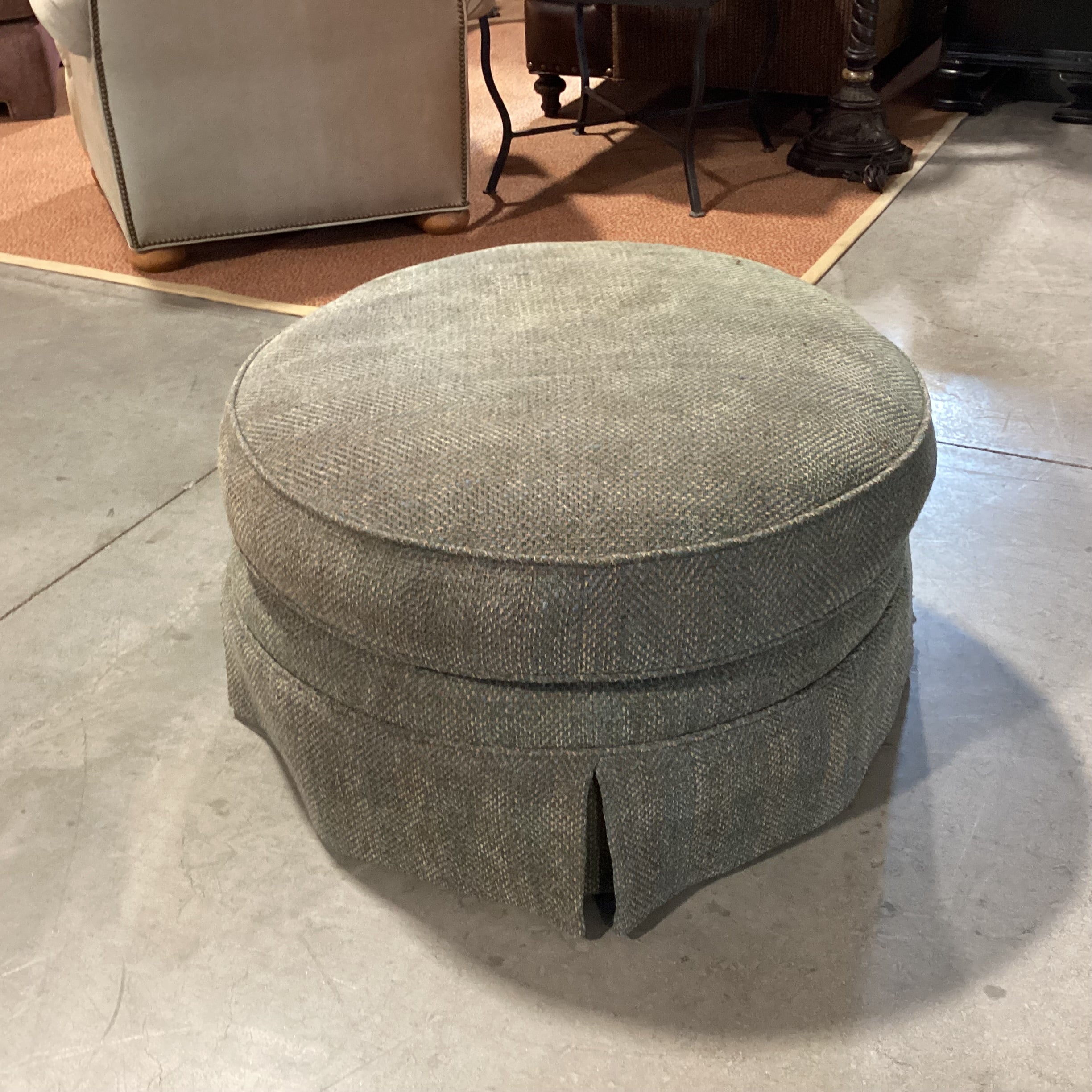 D Langston Green Multi Woven with Tailored Skirt Round Ottoman 32" Diameter x 17"