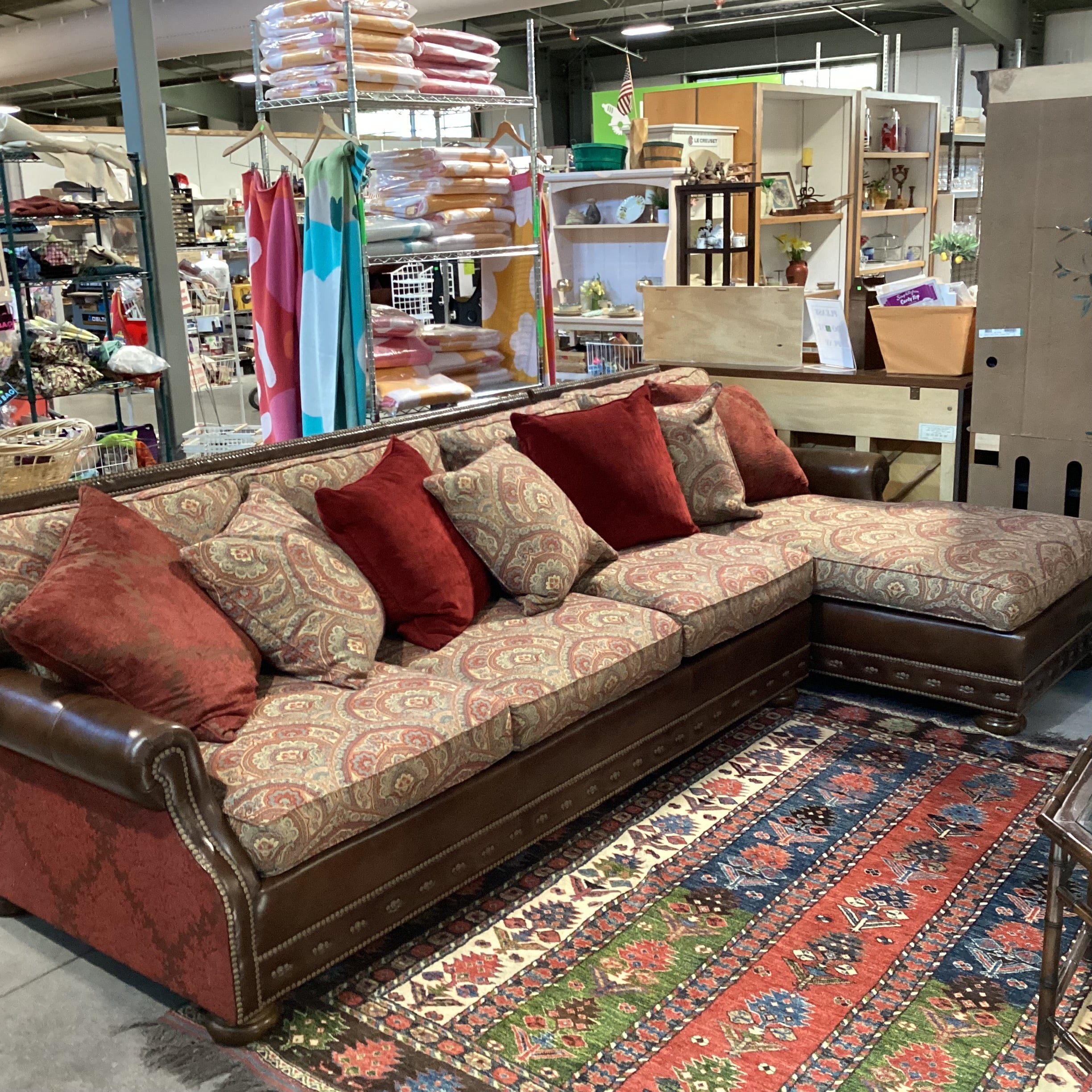 Massoud Luxery Western Leather Nailhead Ornate Floral & Reverse Velvet 2 Piece with Chaise Sectional 130"x 72"x 45"x 38"