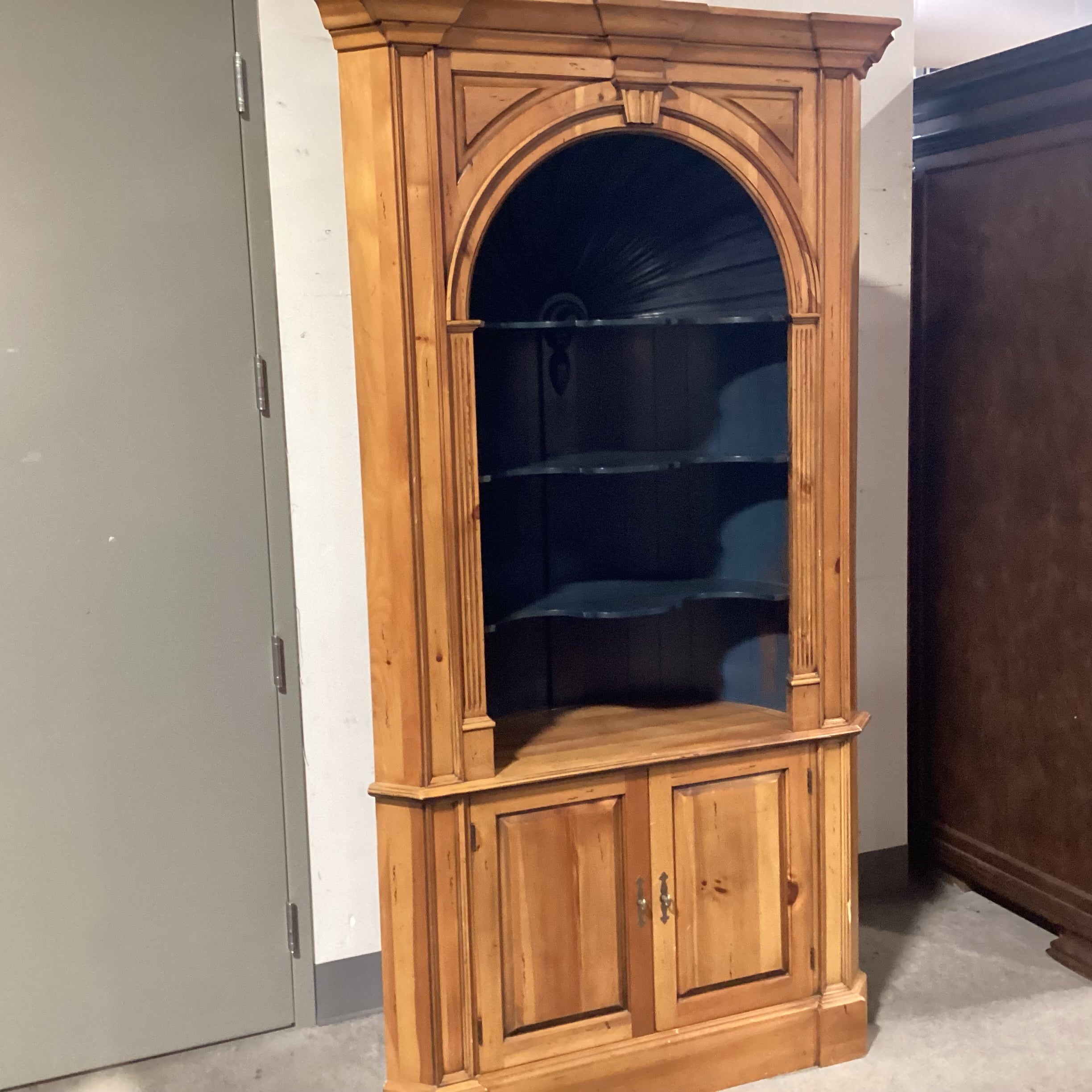 2 Tone Distressed Natural & Teal with Carved Arch Shelves 2 Door Corner Display Armoire 48"x 30"x 88"