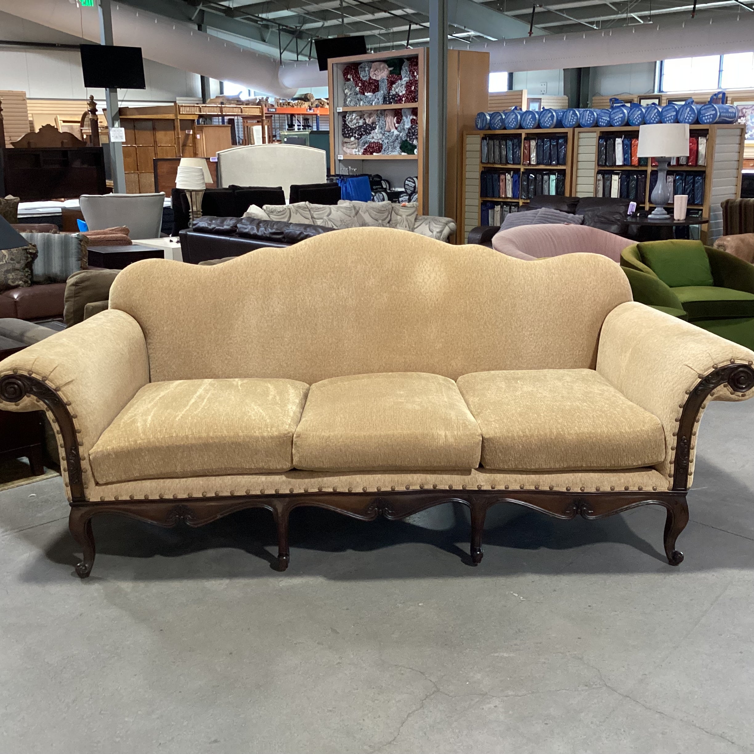 Ralph Lauren St Germain Venetian Gold Chenille Woven Nailhead & Ornate Carved Wood Sofa 103"x 41"x 45"