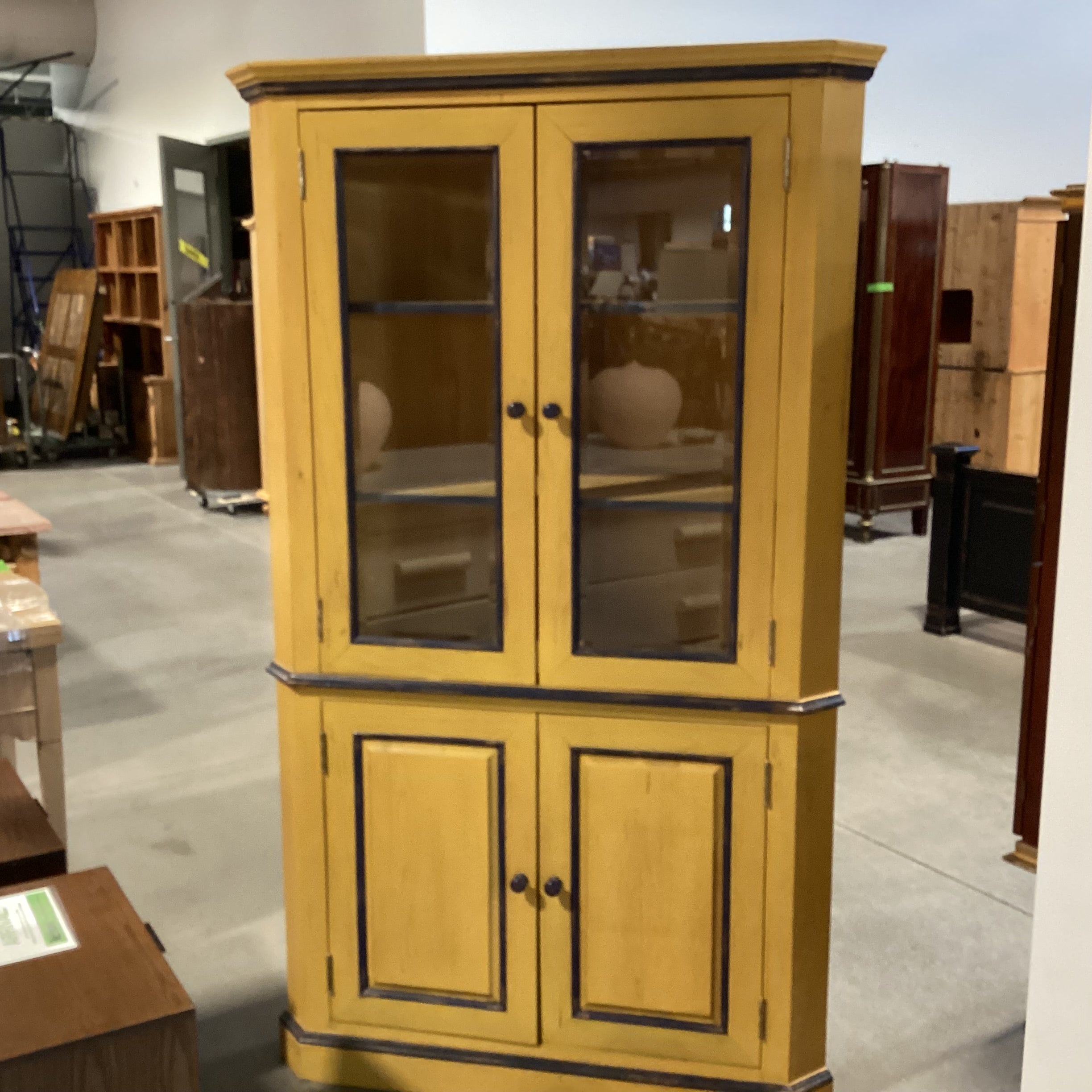 Gold & Navy Distressed Wood 2 Beveled Glass Doors & 2Wood with Shelves Corner Armoire 42"x 32"x 72.5"