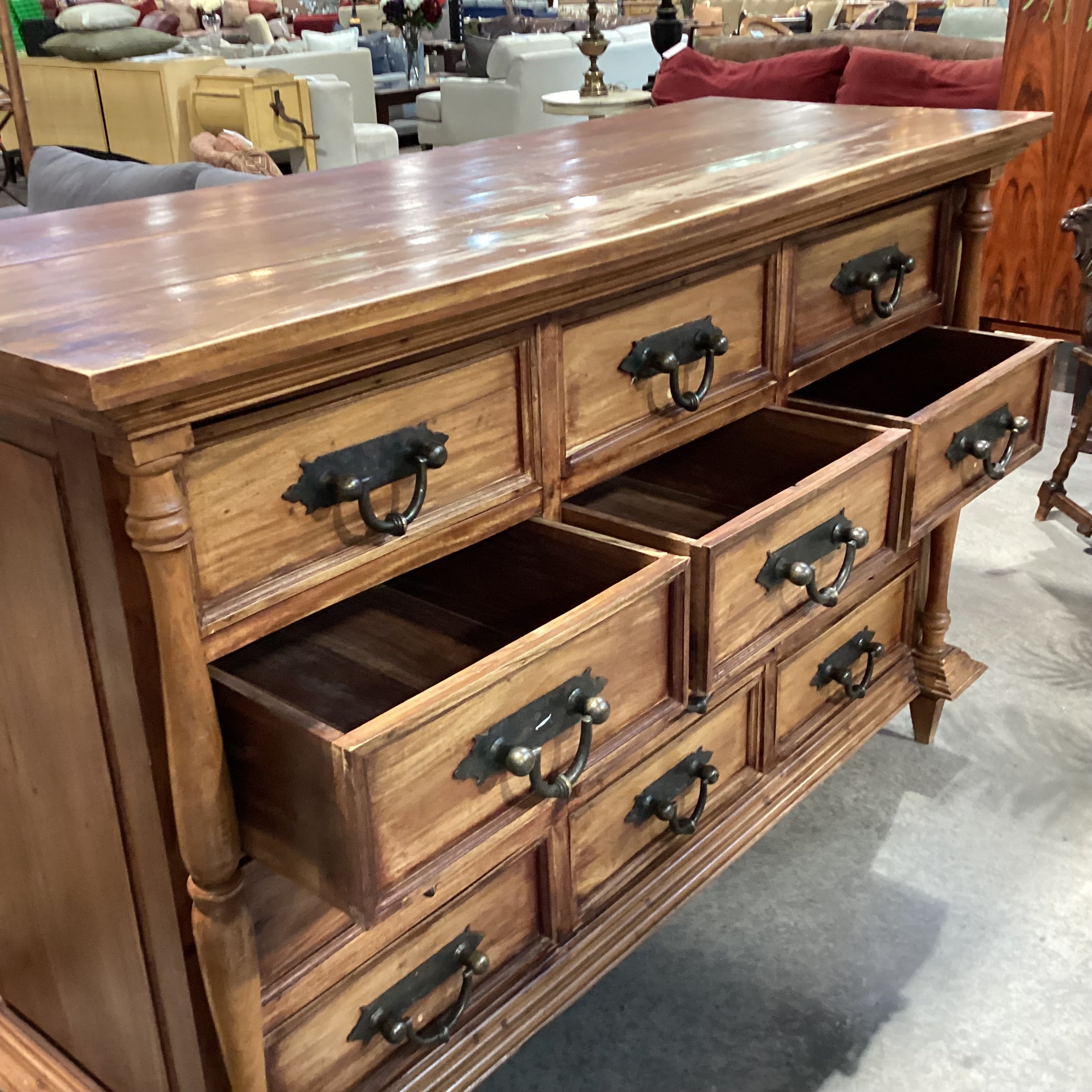 Solid Rustic Carved Wood & Iron 12 Drawer Dresser 68"x 26"x 45.5"
