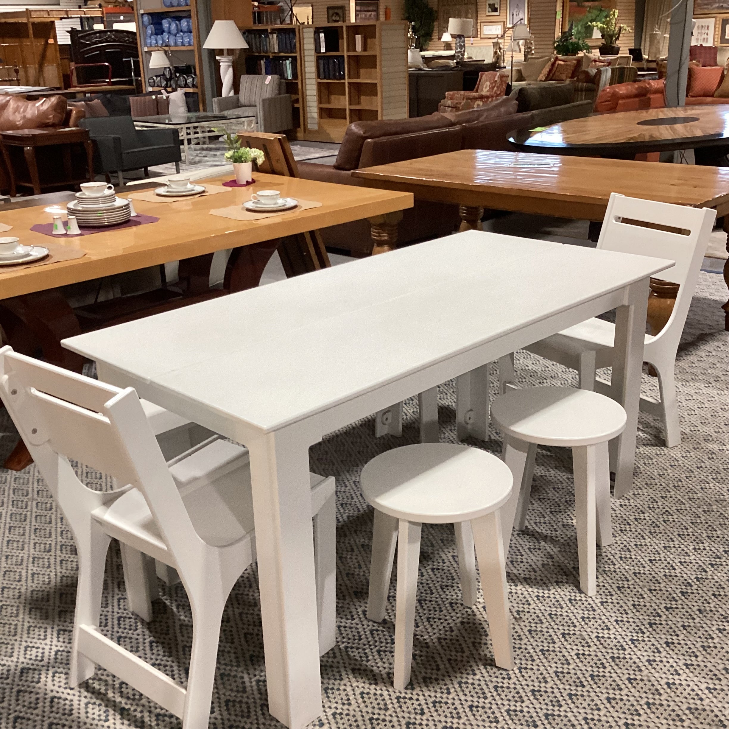 lOll White High Density Plastic Table with 2 Chairs 2 Stools 1 Bench Dining Set 62"x 30"x 30"