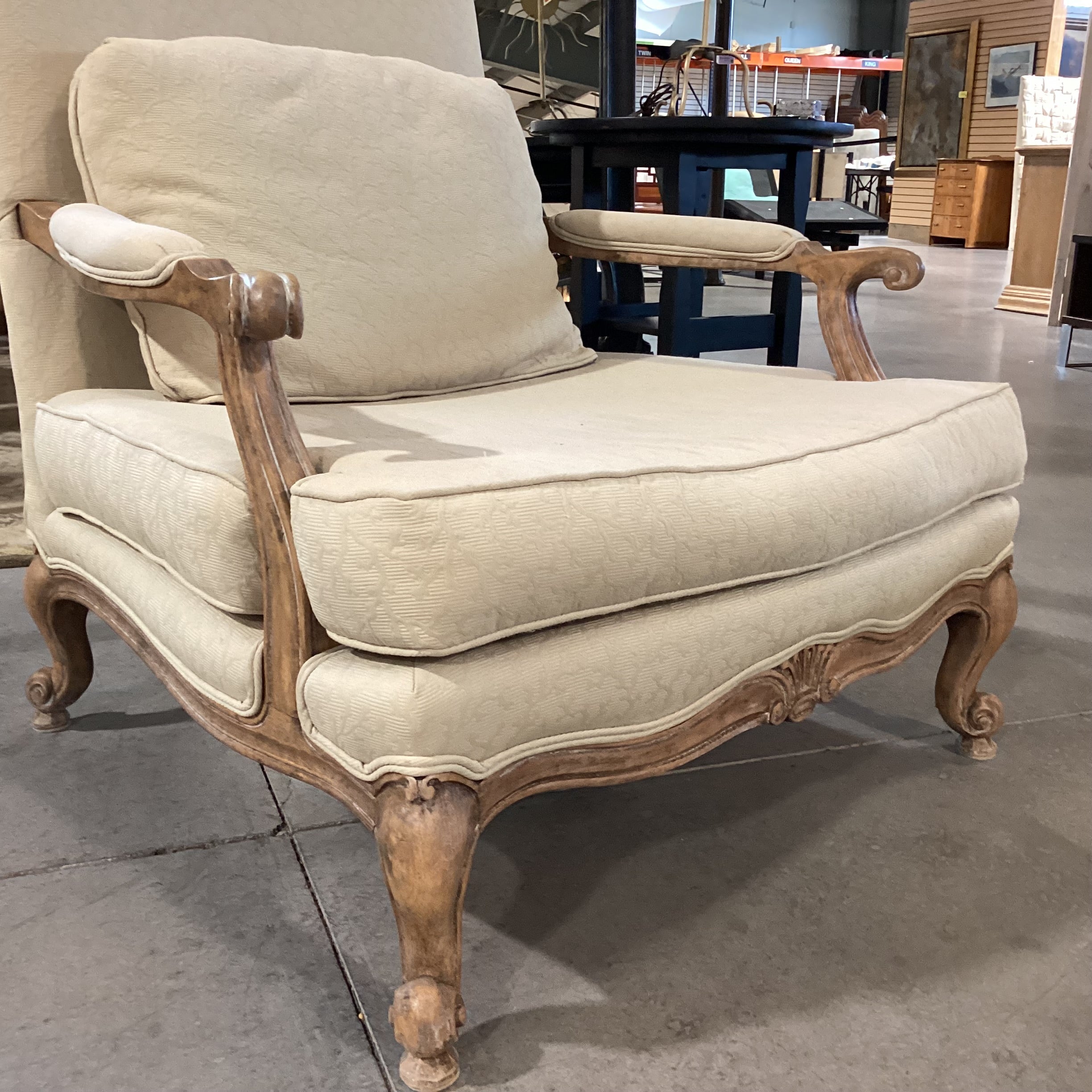 French Provincial Style Carved Antiqued Washed Wood & Wheat Raised Texture with Ottoman Chair 36"x 38"x 42"