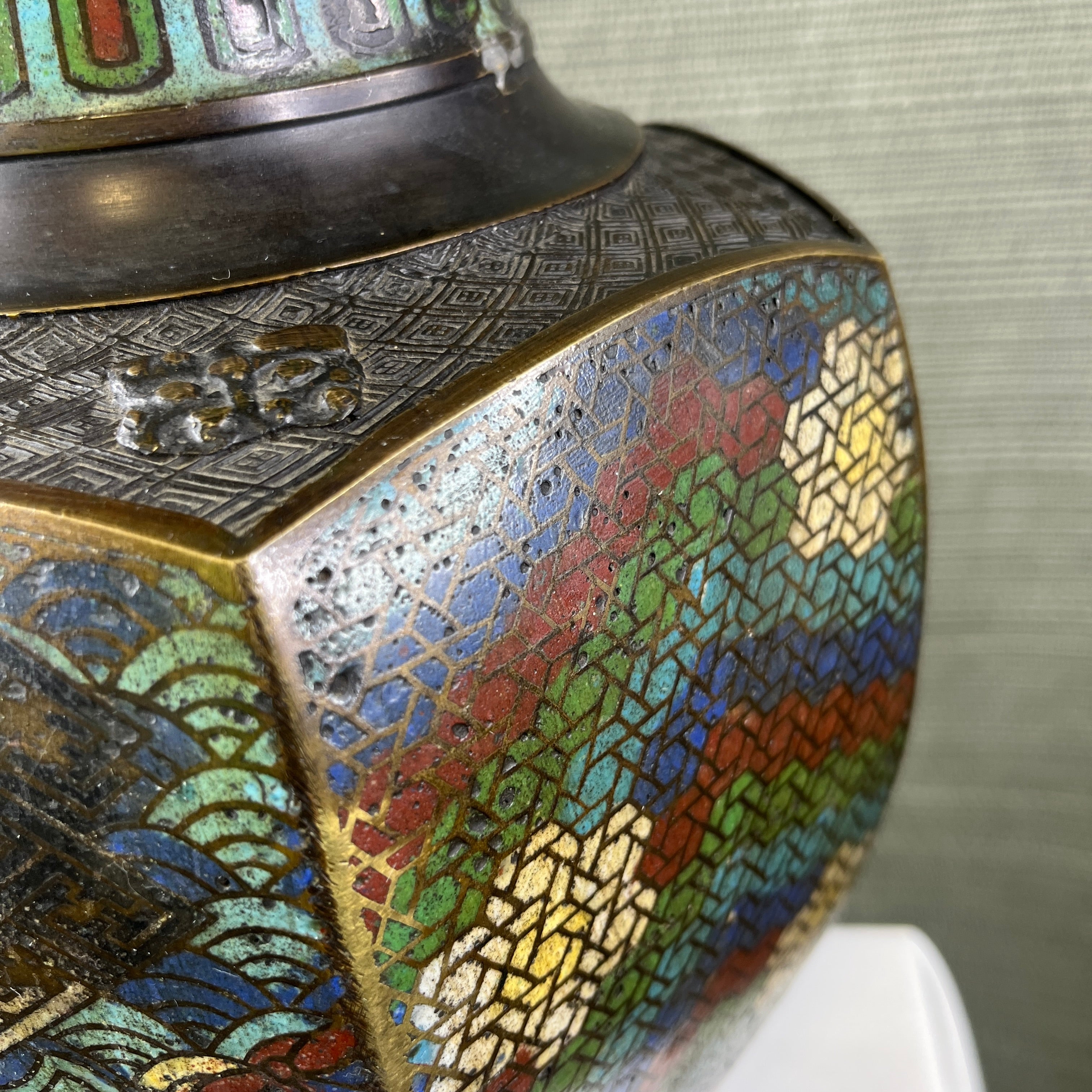 19th Century Multi Colored Cloisonne Enamel Patina Bronze Oriental Vase Table Lamp 9" Diameter x 21"