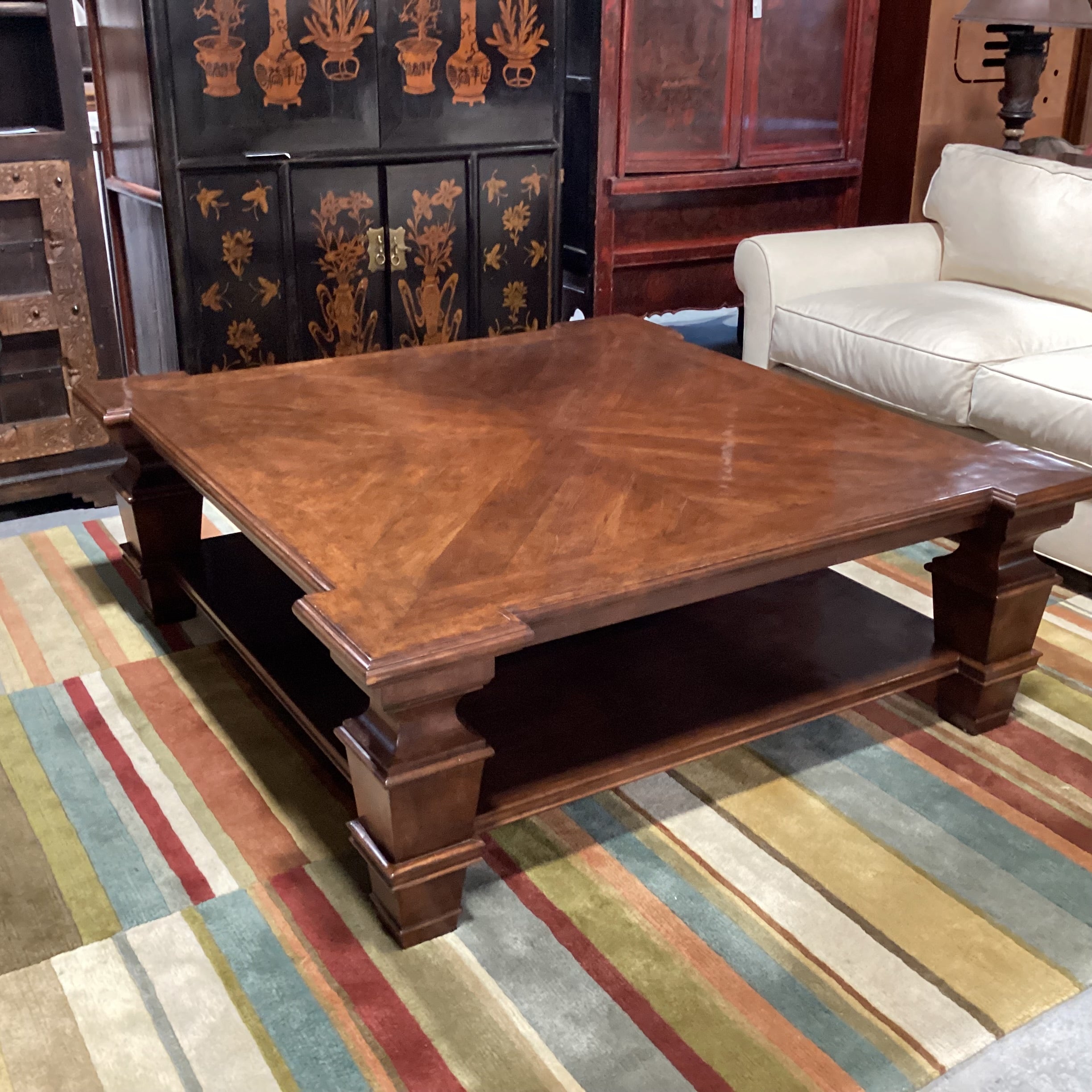 Carved Wood with Dark Lacquered Distressed Finish Matched Inset & Bottom Shelf Coffee Table 60"x 60"x 21"