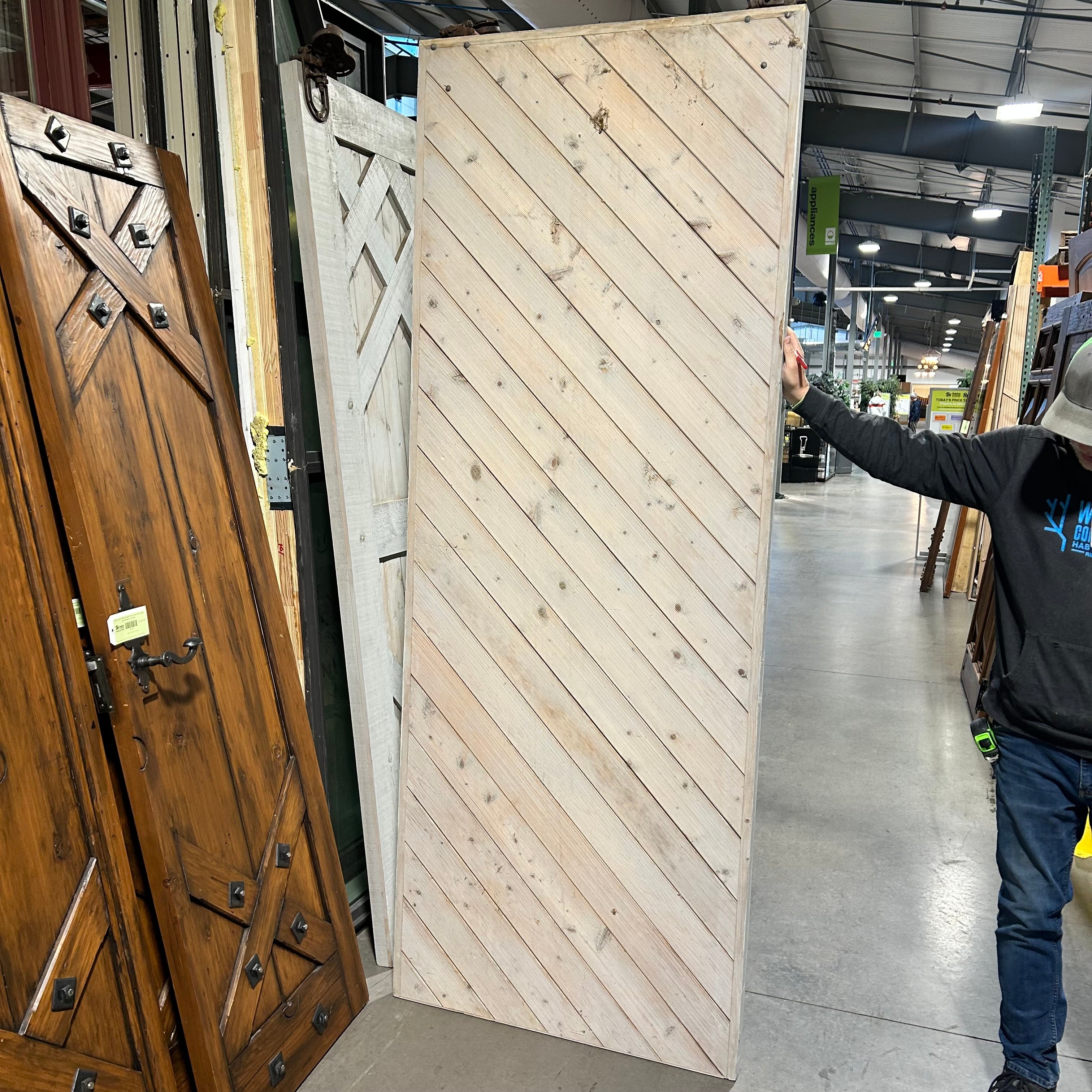 36"x 95.5"x 2" Grey Wash Barn Door PAIR with Kris/Cross Decor and Antique Trolley Hardware