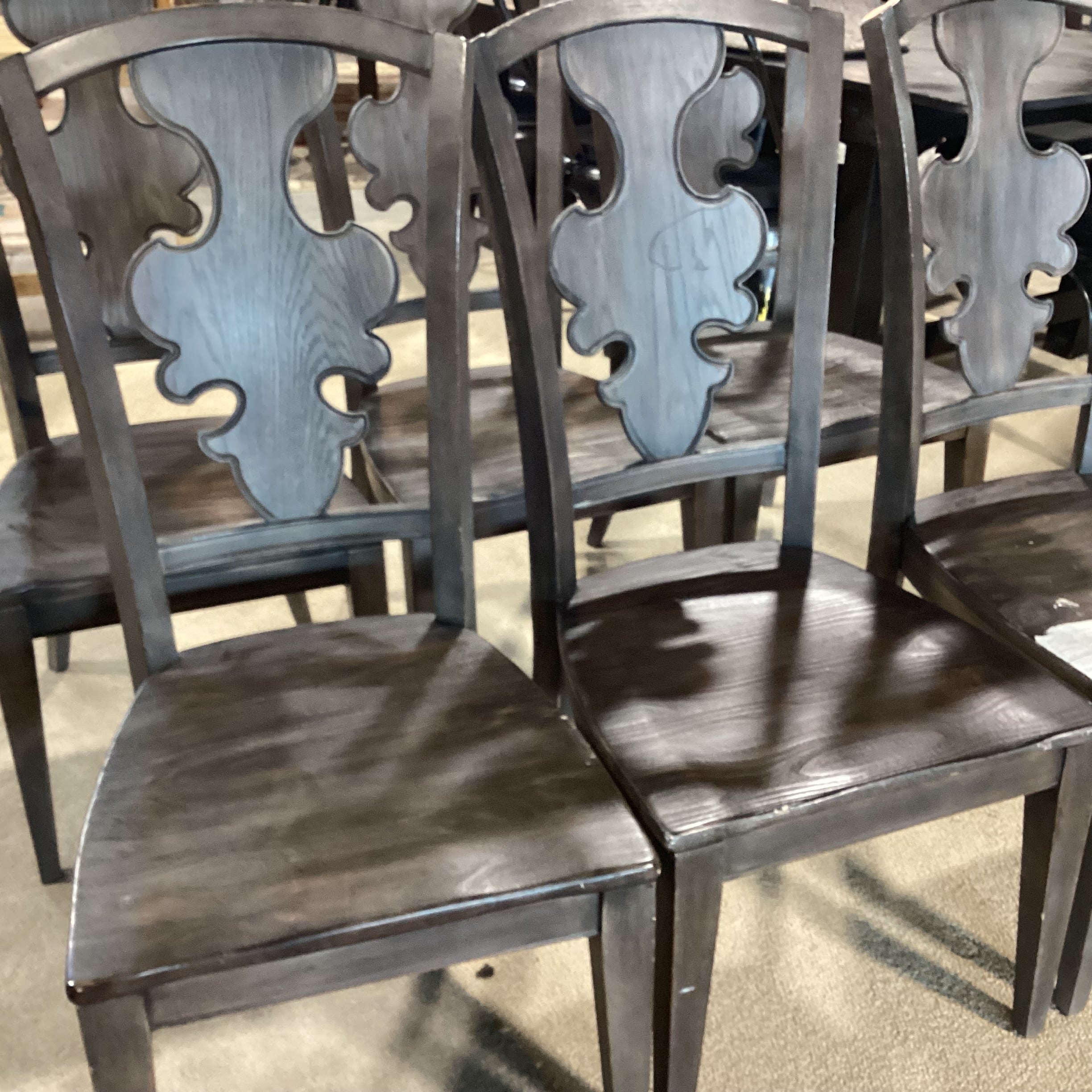 SET of 6 French Country Grey Washed Wood with Detail Back Dining Chairs 19"x 20"x 41.5"