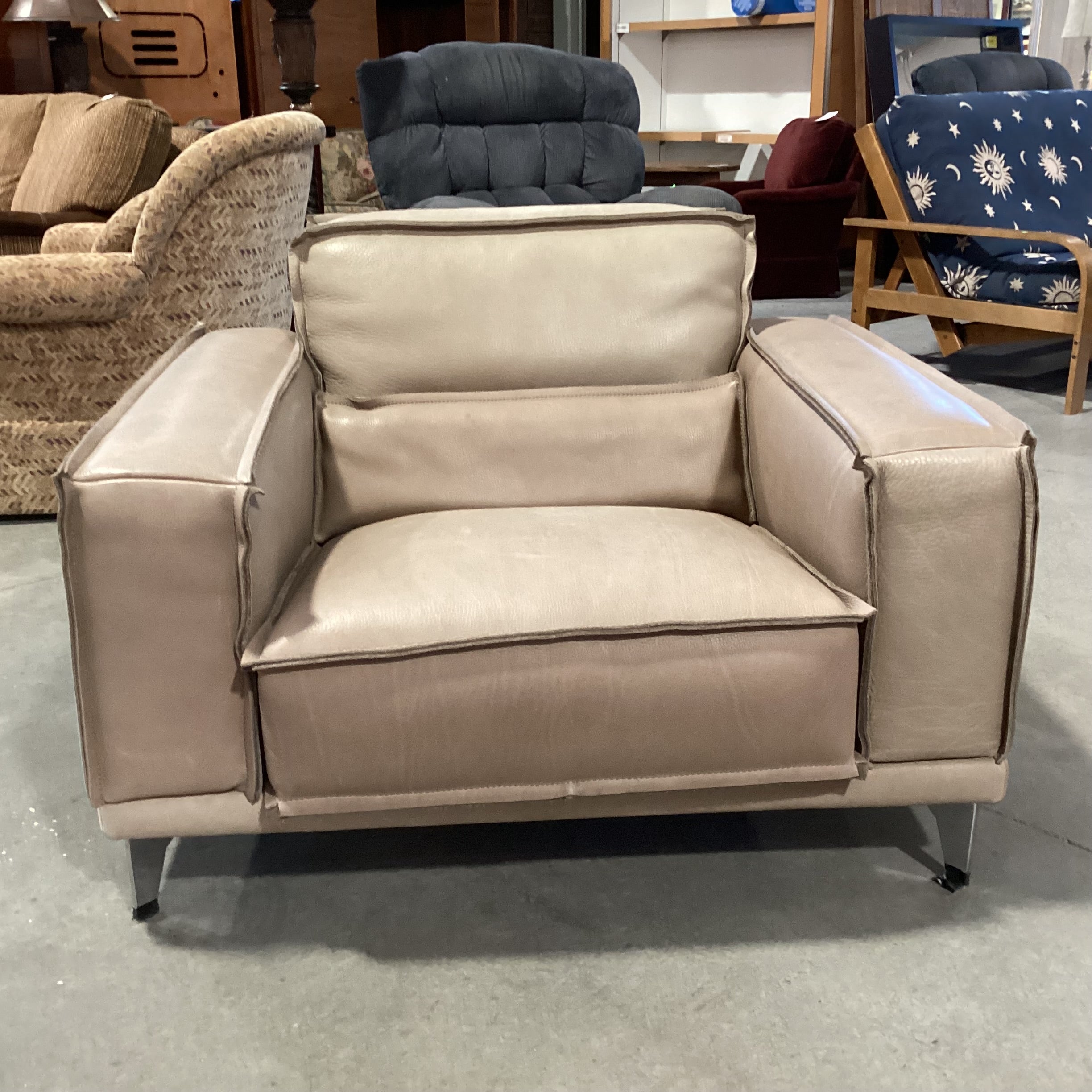 Scan Design Made in Italy Taupe Leather with Reverse Seam Modern Chair 41"x 36"x 29"