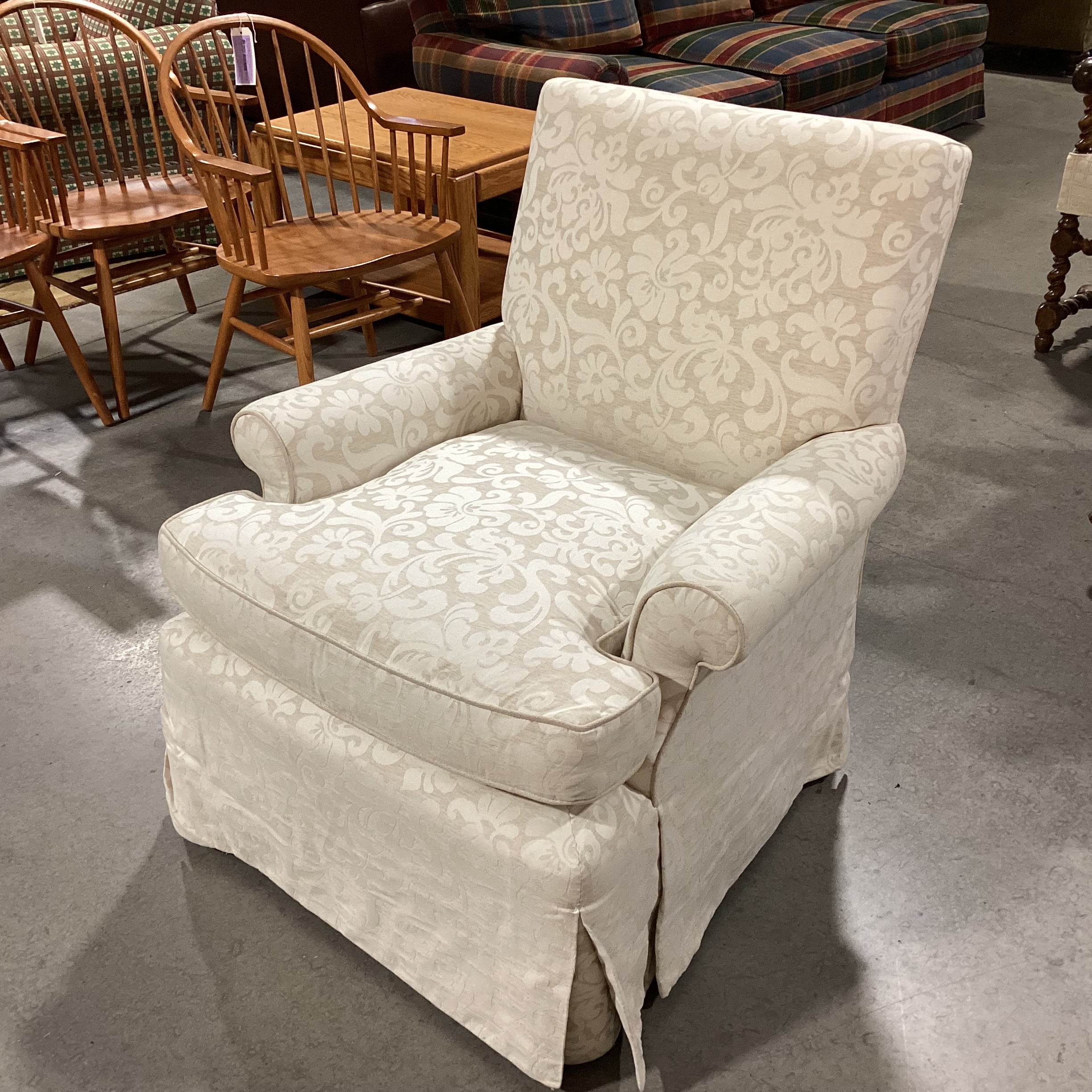 Custom Ivory Cream Linen Raised Scroll Floral Chair 32"x 34"x 35"