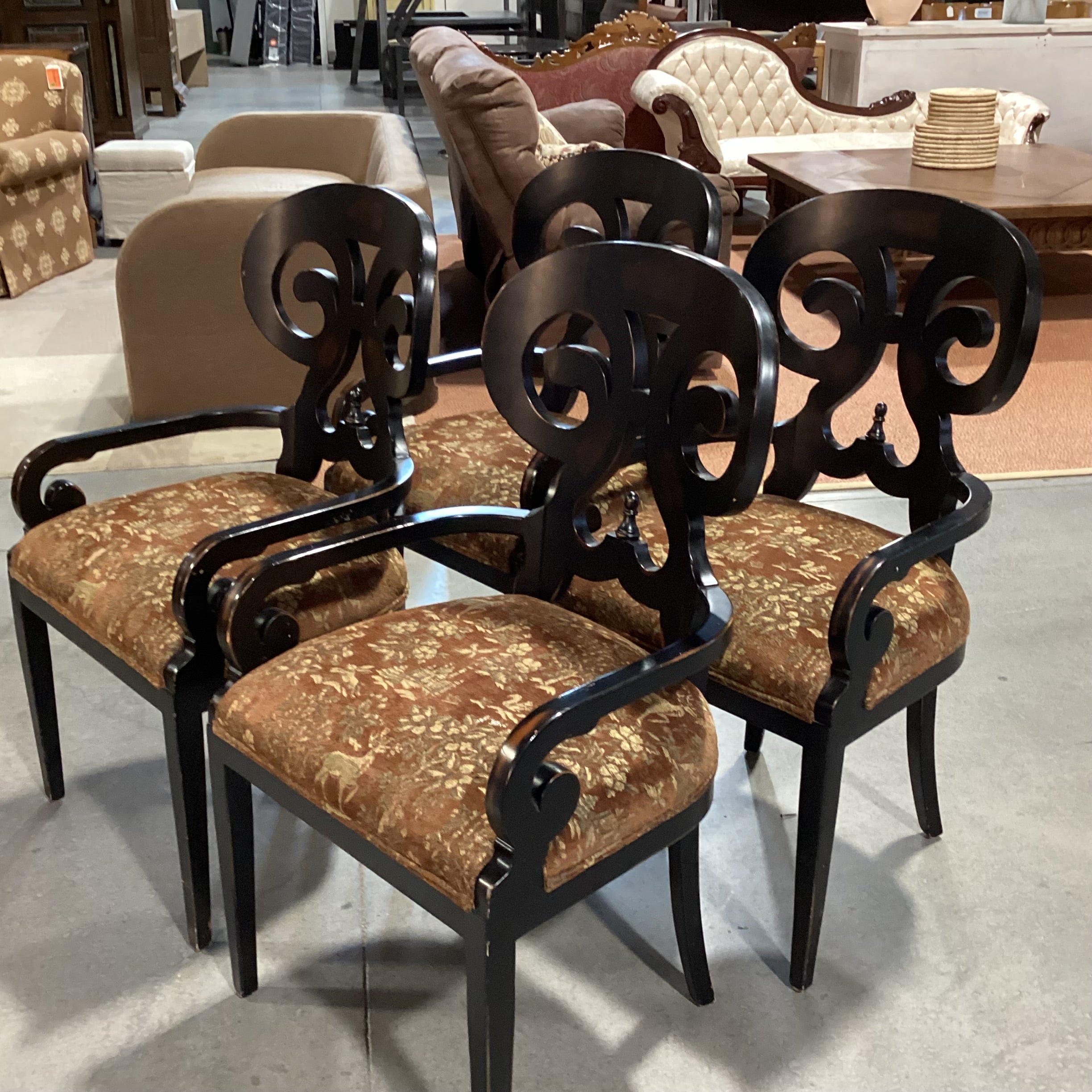 SET of 4 Vanguard Ornate Scroll Antiqued Black Wood & Brown Gold Animal Scene Upholstery Dining Chairs 23"x 23"x 40"