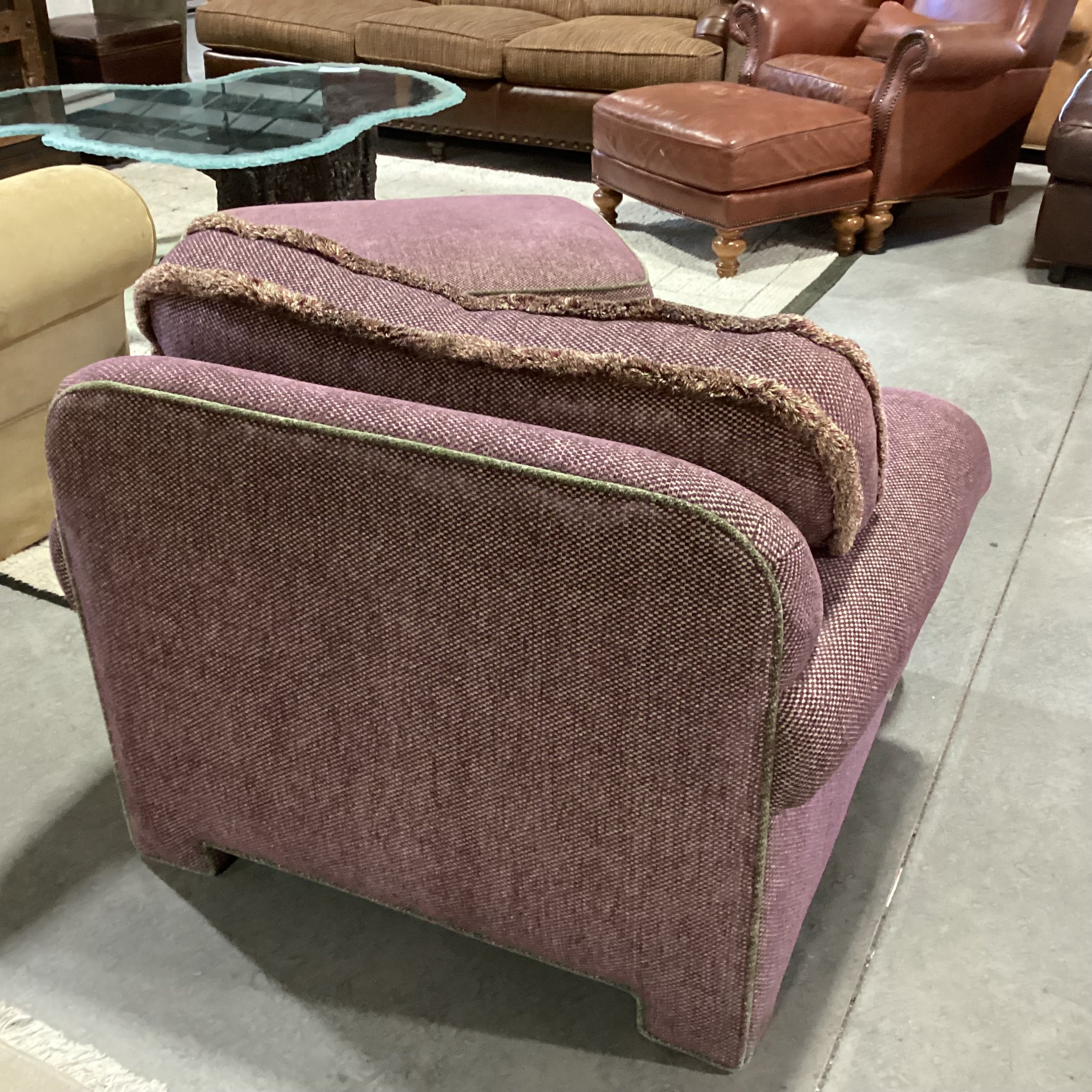 D. Langston Custom Purple & Cream Woven With Green Piping Down Mix With Ottoman Chair 40"x 36"x 28"