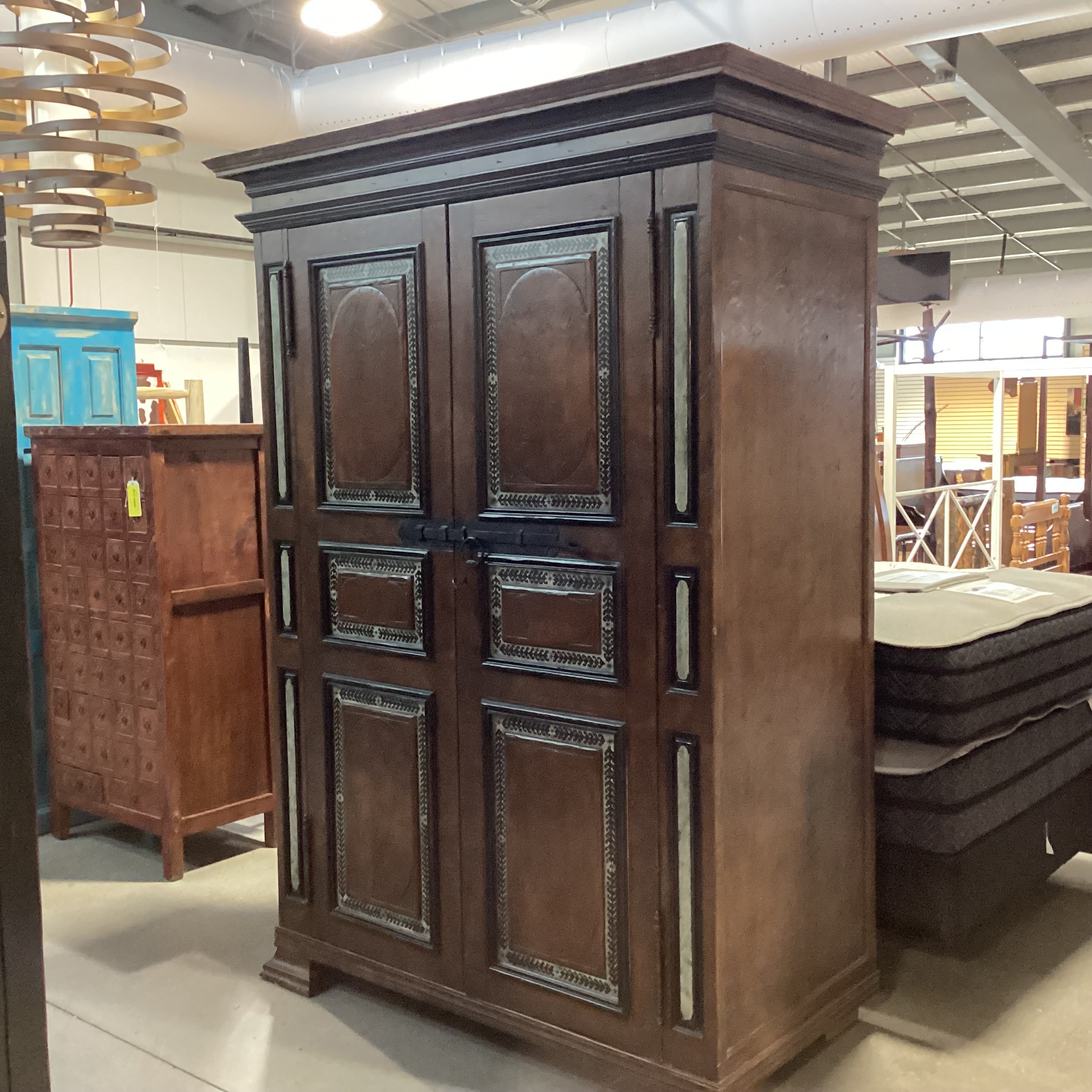 Custom Rustic Distressed Solid Wood with Painted Detail 2 Door Shelves & Drawers Armoire 65"x 34"x 90"