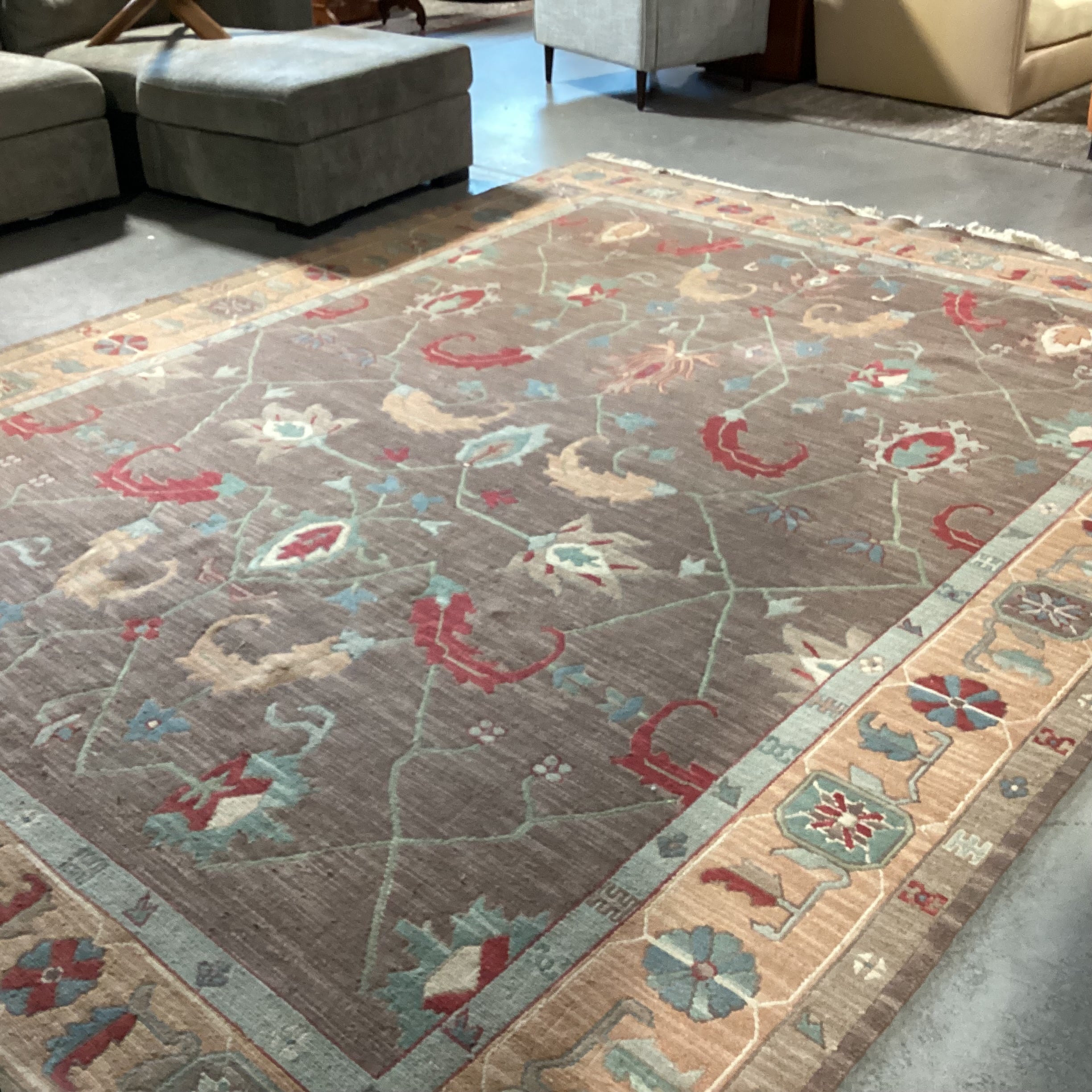 Taupe Peach Red & Teal Floral with Border Hand Woven Wool Rug 9'1"x 12'1"