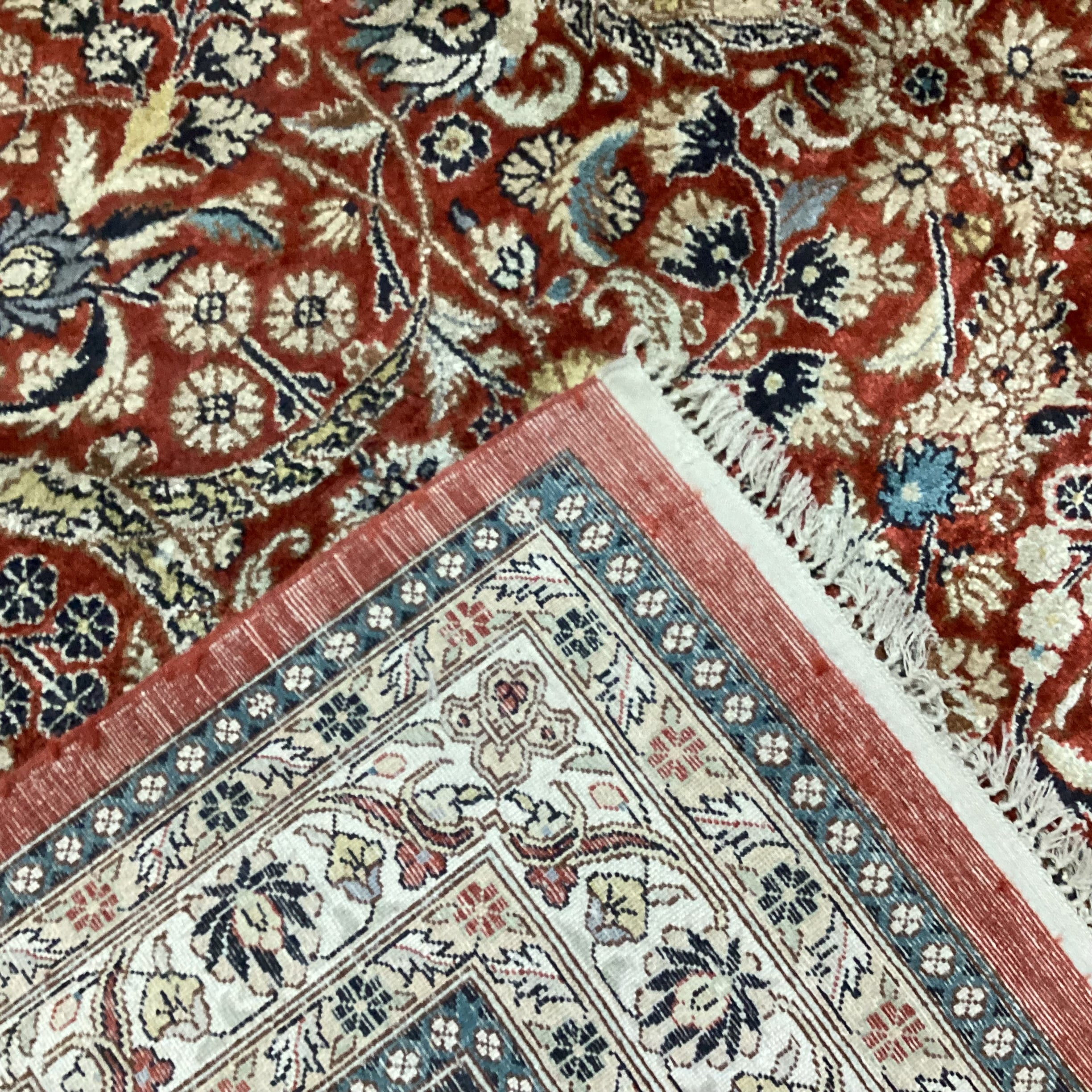 Persian Cream Rust Red Black & Blue Hand Woven Silk Rug 8'1"x 10'1"