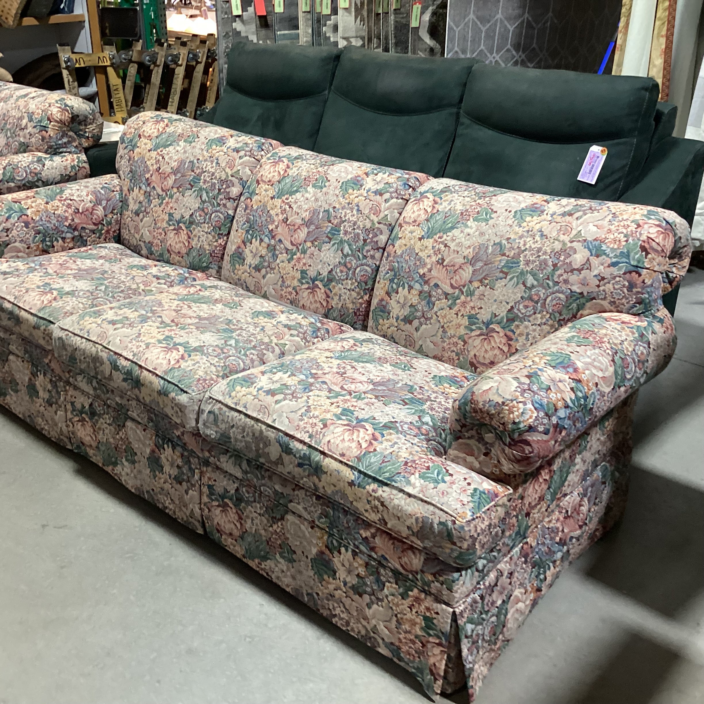 Ethan Allen Burgundy Green Cream Floral Sofa 90"x 38"x 33"