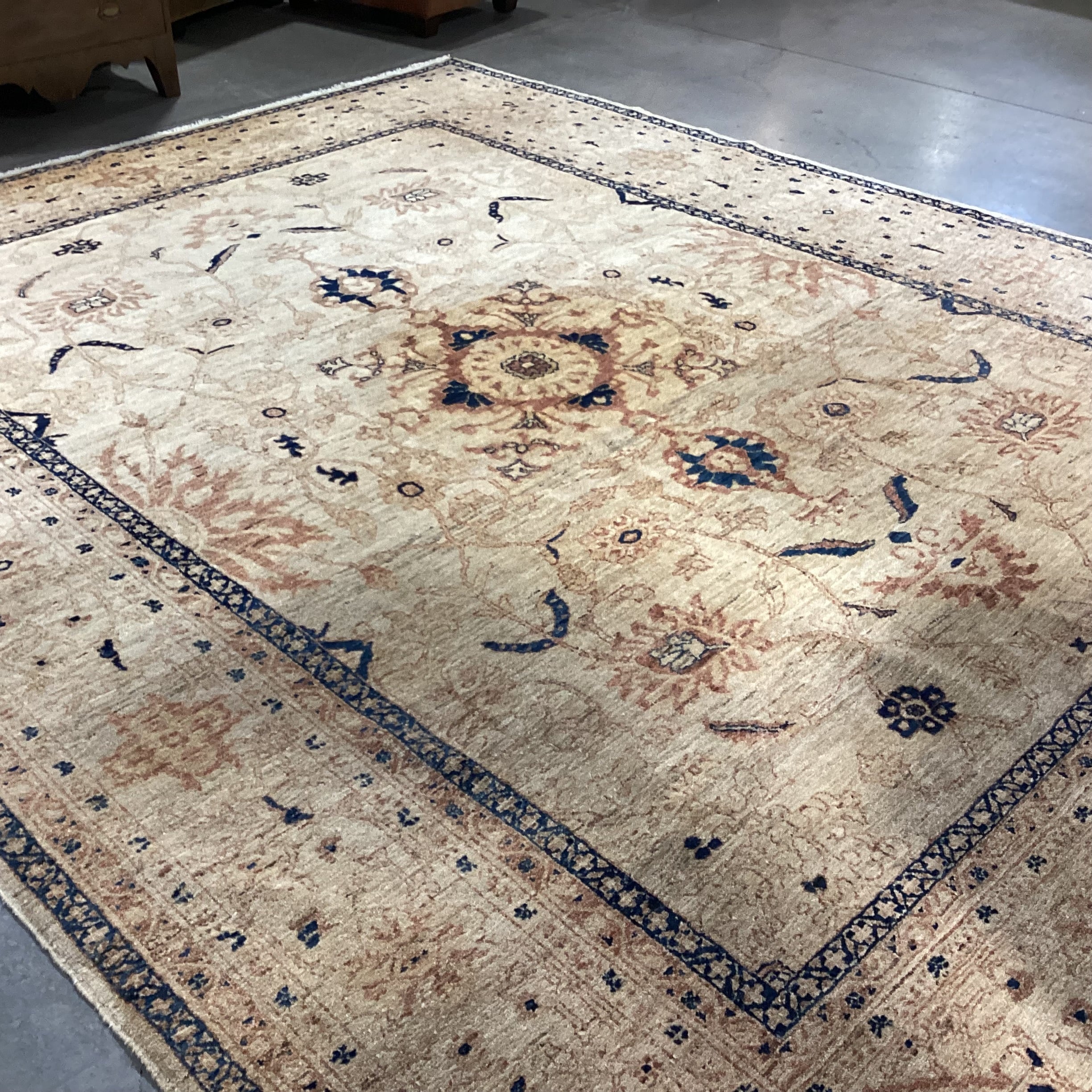 Cream Tan Blue Hand Woven Wool Rug 10' x 12" 9"