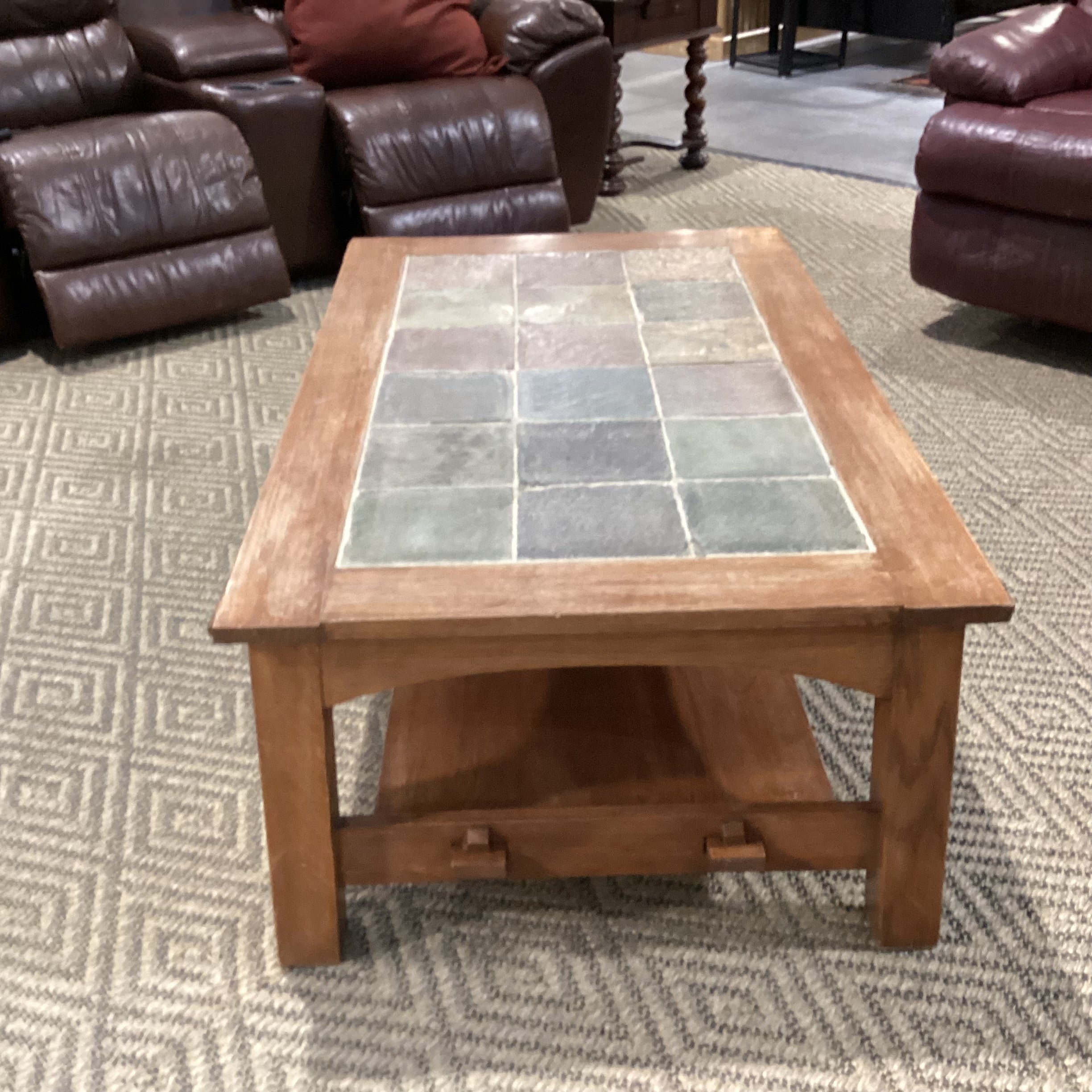 Natural Light Finish Wood & Slate Stone Tile Coffee Table 50.5"x 30"x 18"