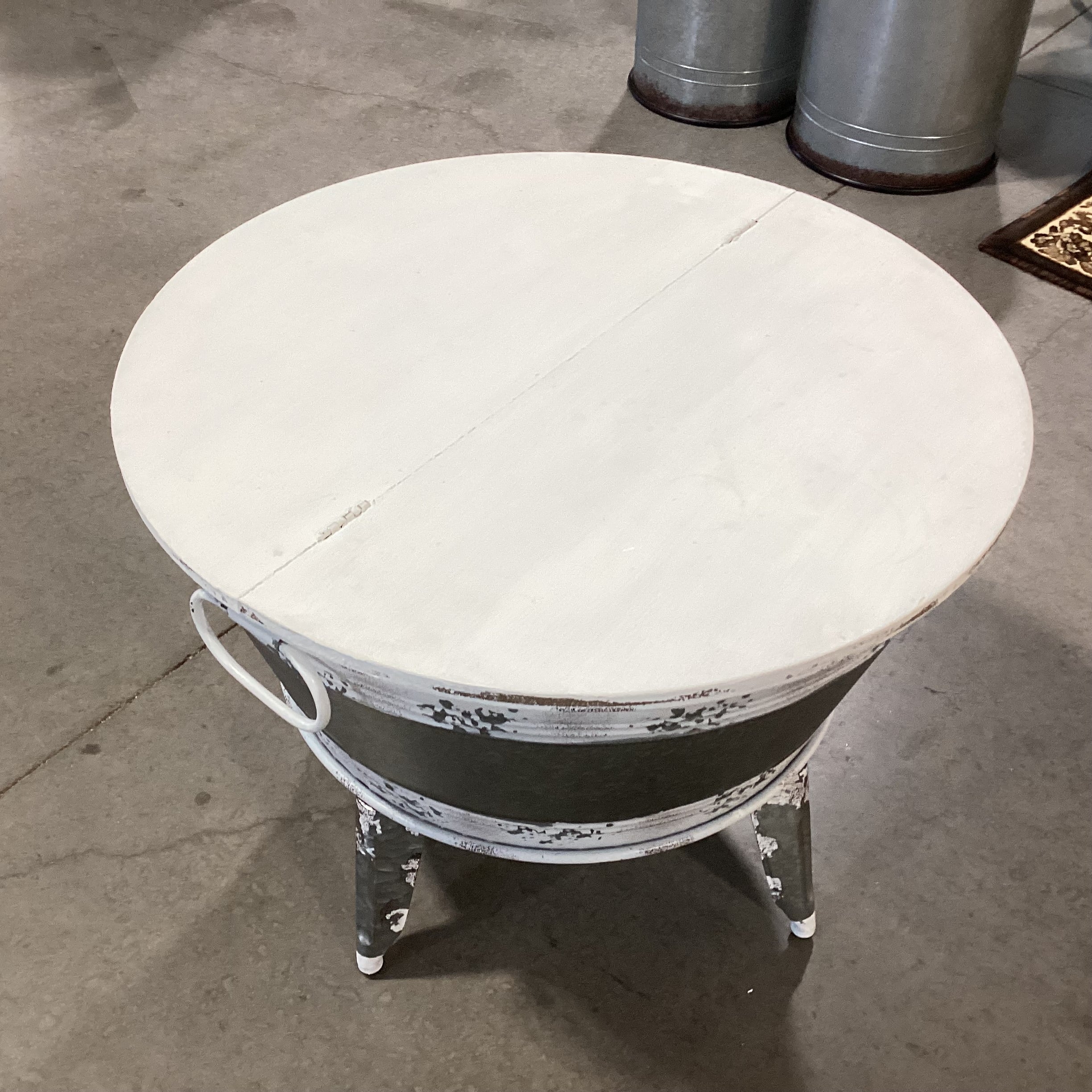 Farmhouse Galvanized Metal & Wood Lift Top Storage Accent Table 26" Diameter x 20"