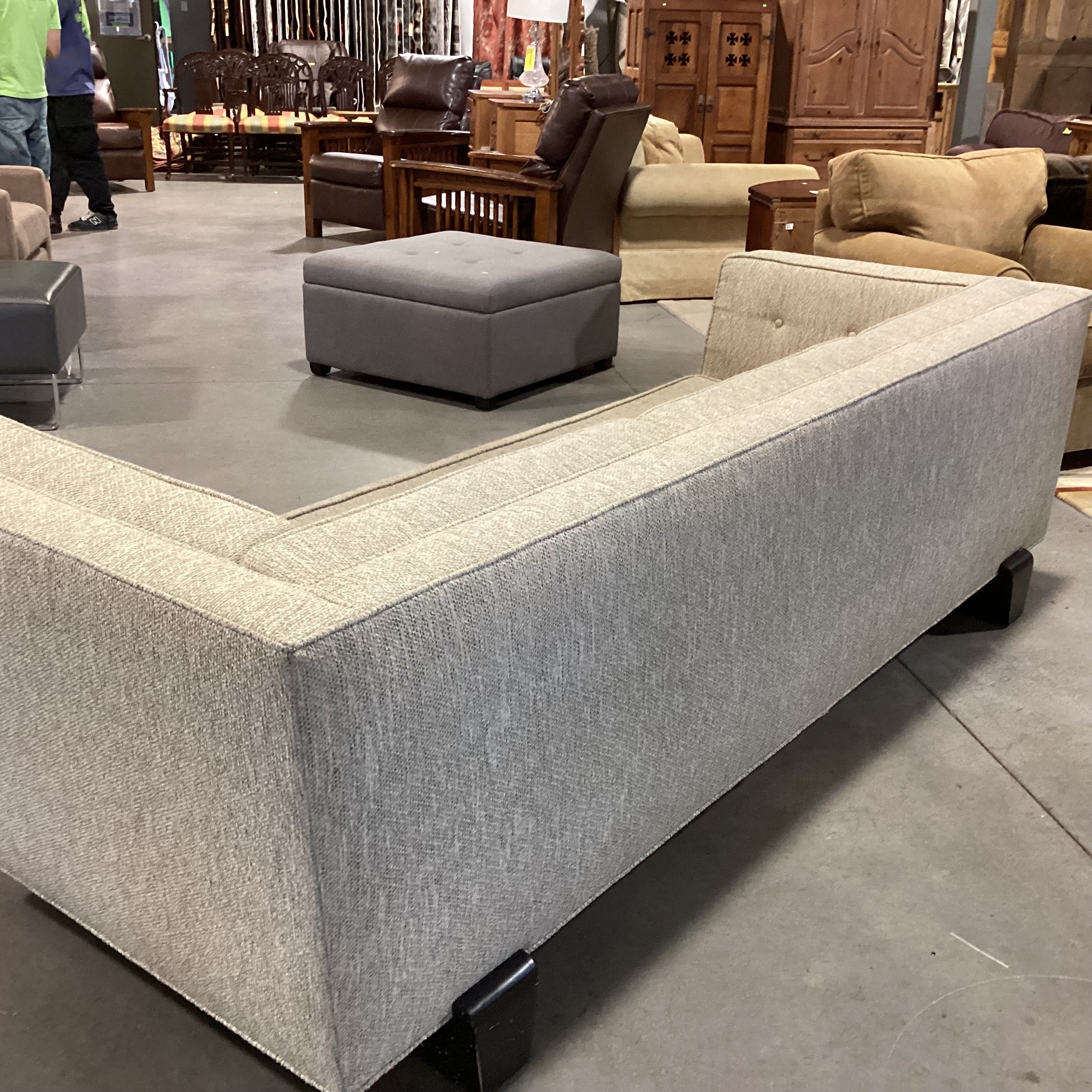 Vintage Asian Inspired Beige Woven Black Finished Wood Rail Base Sofa 98"x 37"x 29"