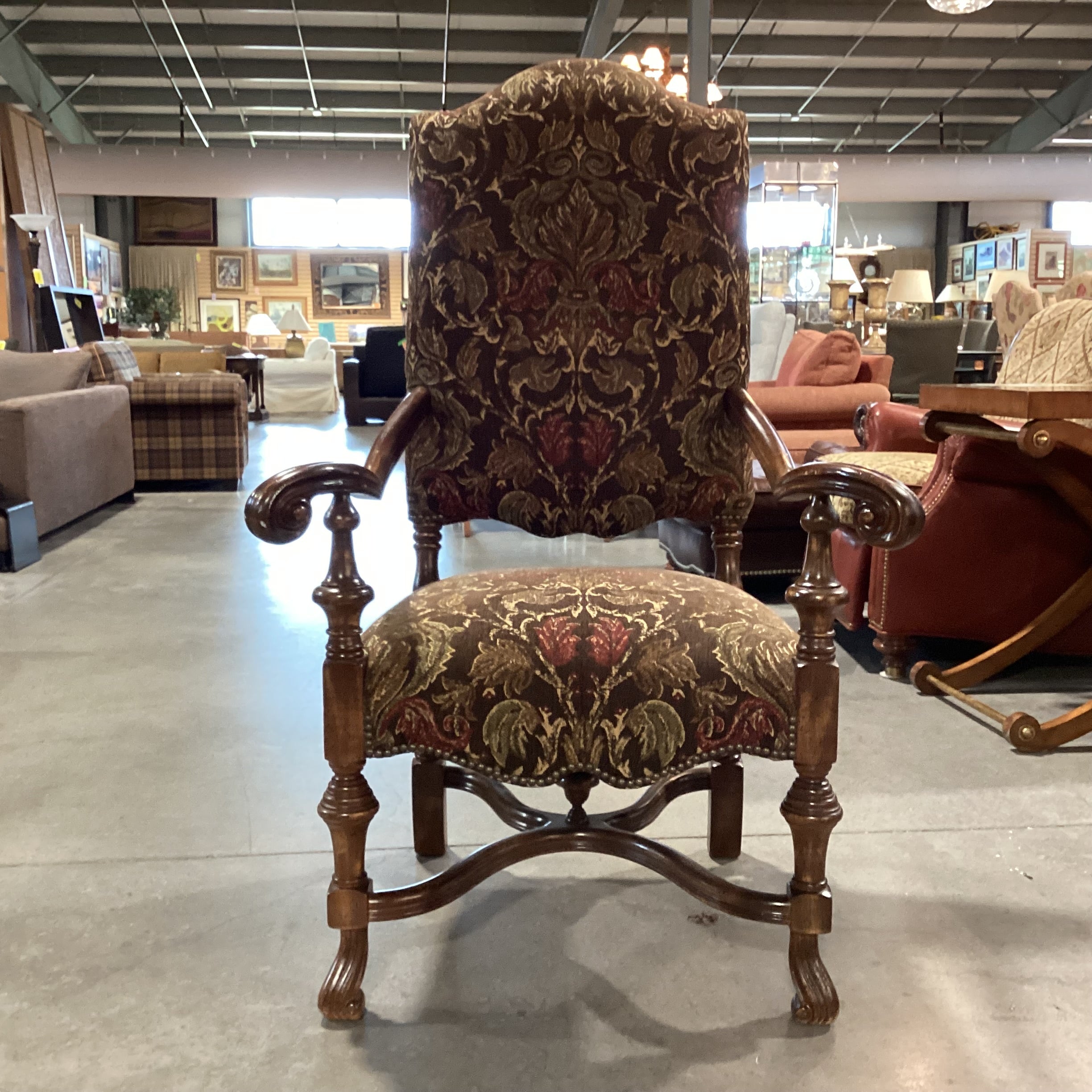 Wesley Hall Ornate Carved Wood & Brown Gold Floral Chair 33"x 33"x 53"
