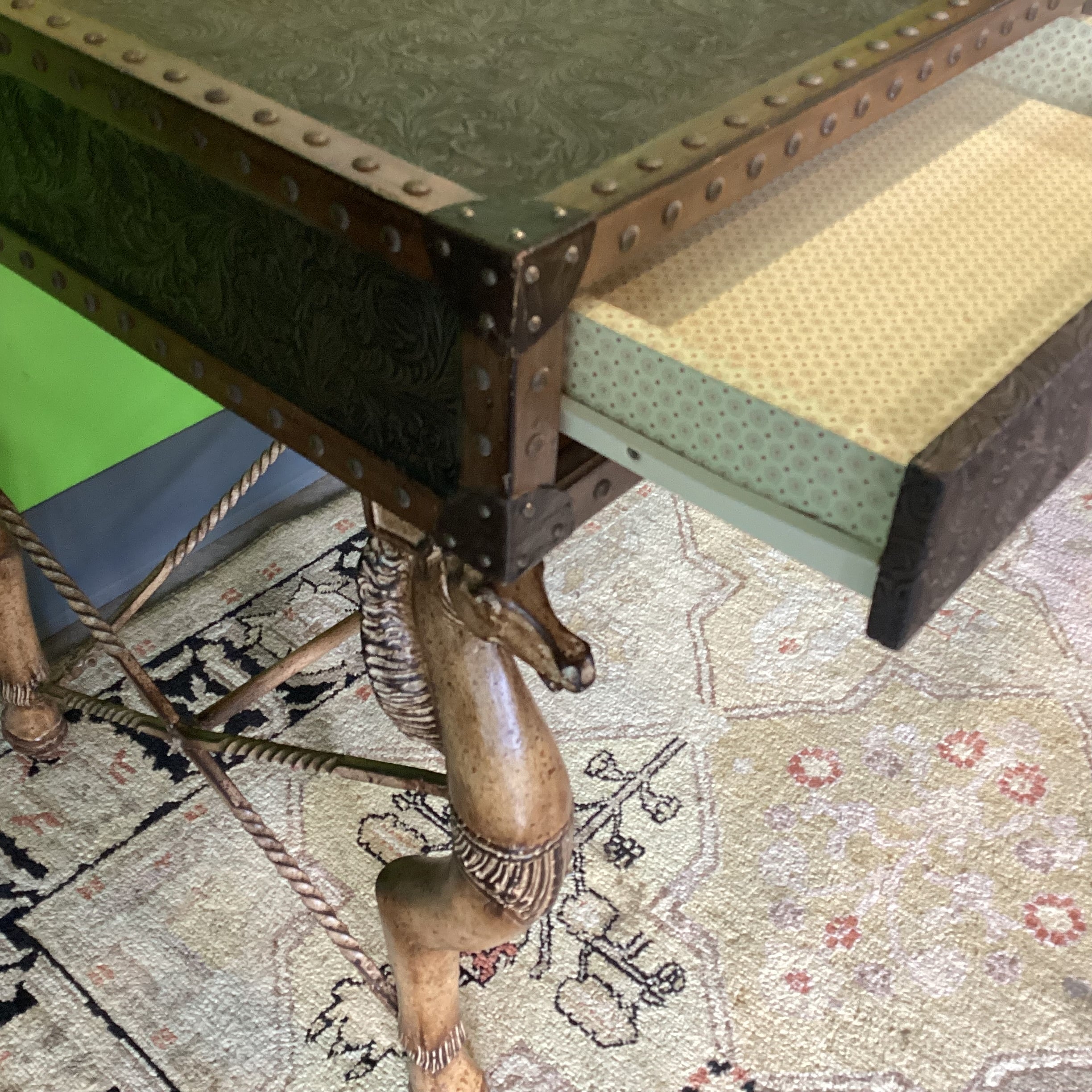 Maitland Smith Carved Horse Iron & Embossed Leather Nailhead 3 Drawer Desk 57.5"x 30.5"x 32"