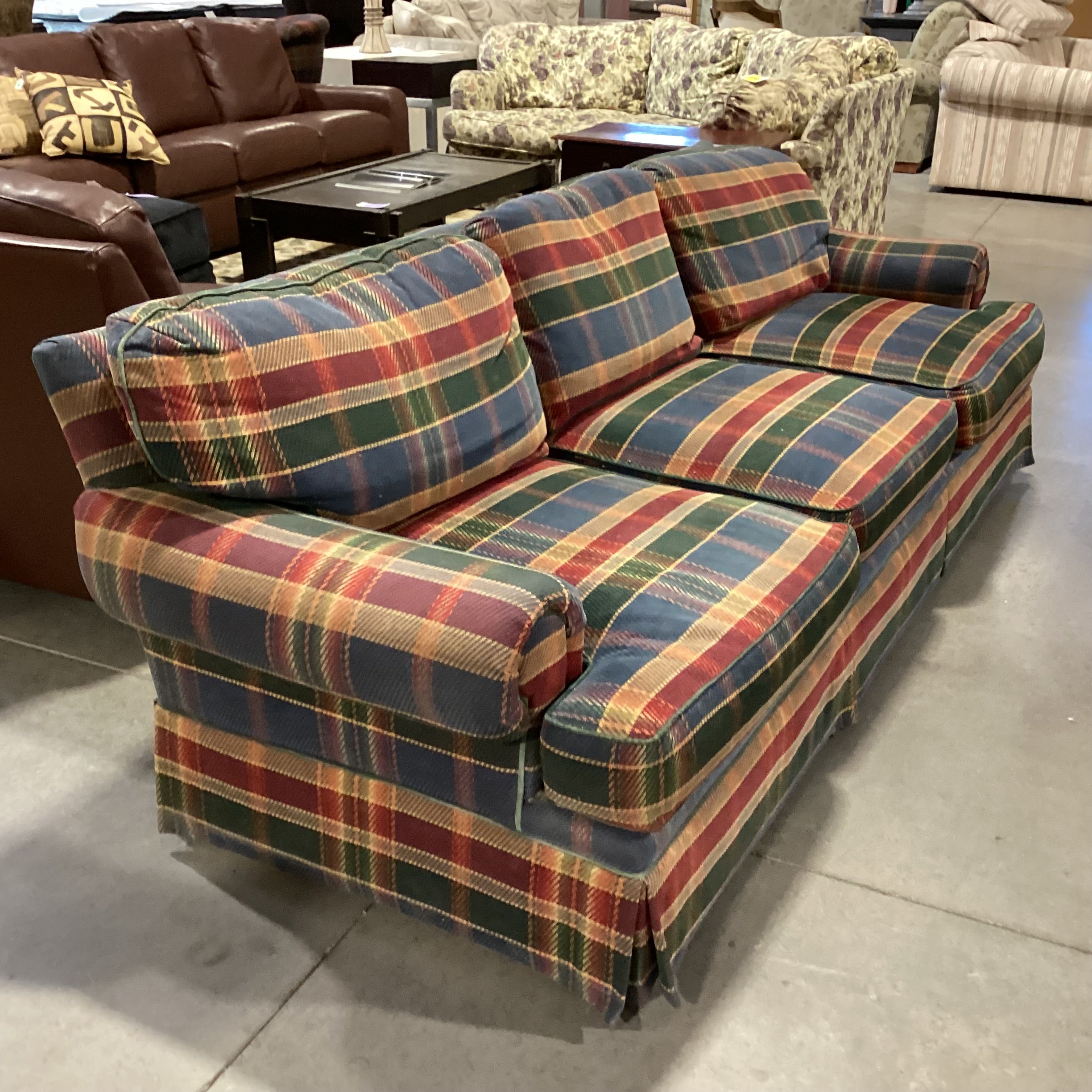 Blue Green Red Gold Plaid Sofa 98"x 38"x 31"