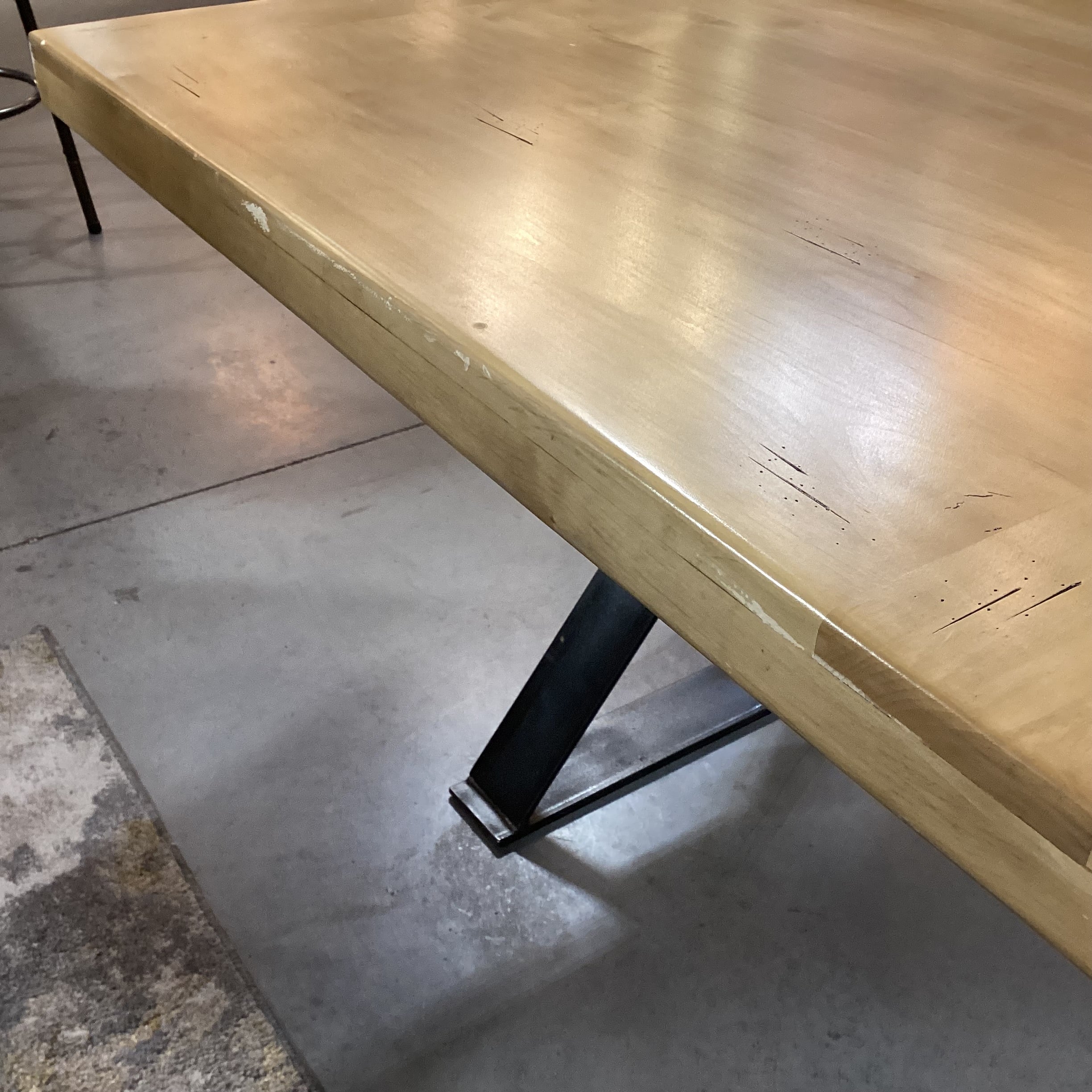 Mountain Modern Light Distressed Finish Wood & Steel with Beam Trestle Dining Table 84"x 42"x 31"