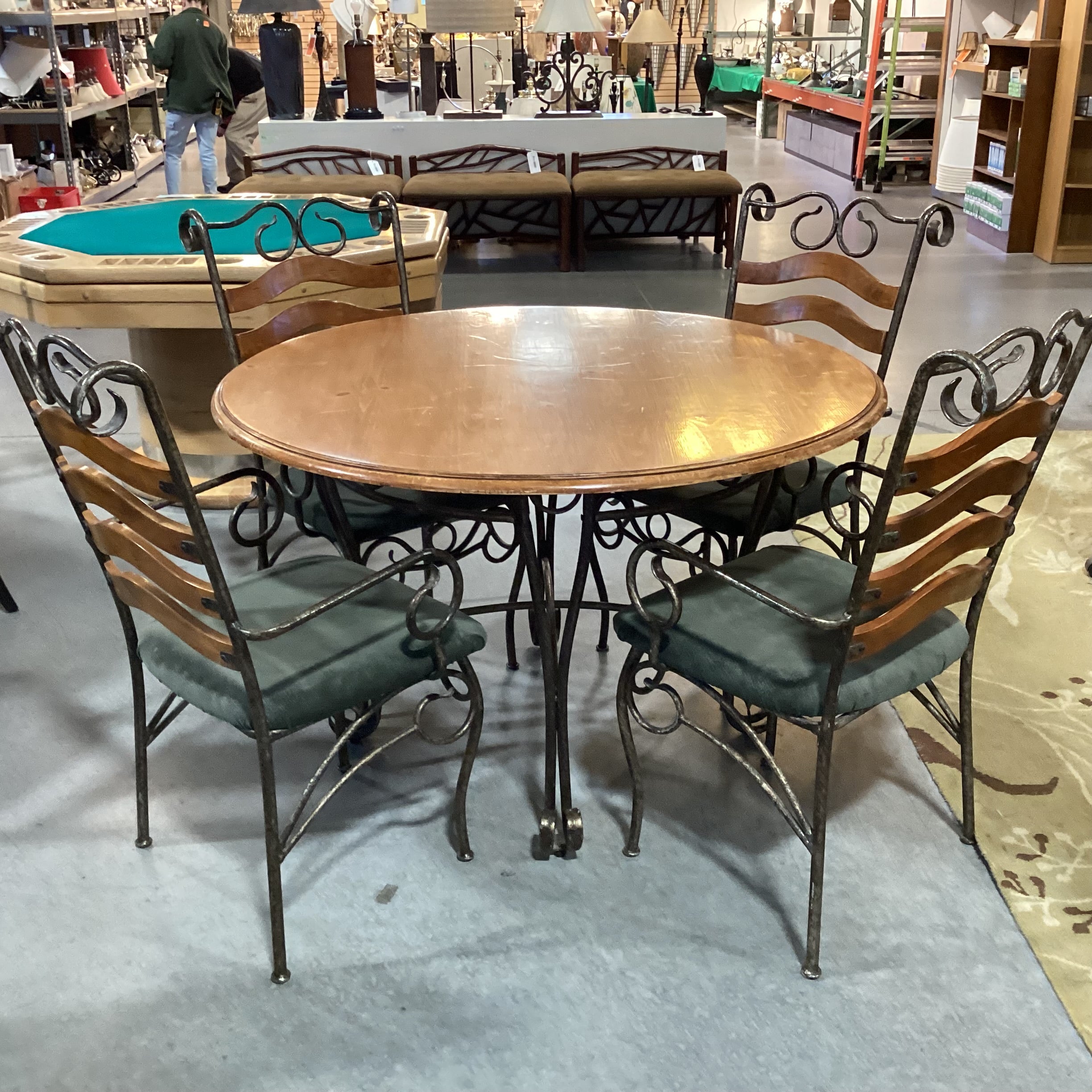 Round Wood & Iron Table with 4 Chairs Dining Set 48" Diameter x 30.5"