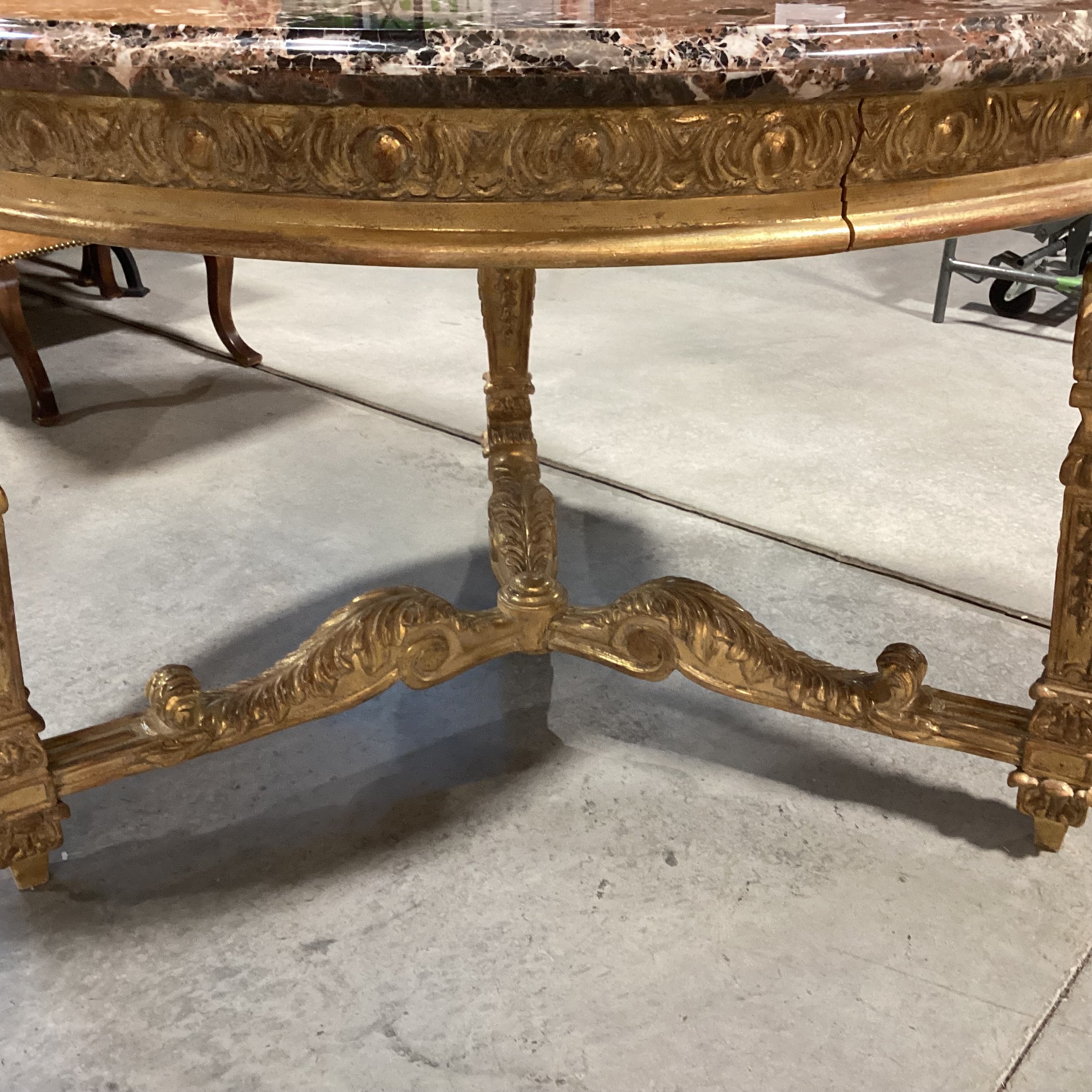 Antique Ornate Carved Gilded Wood & Breccia Marble Round Accent Table 52" Diameter x 33"