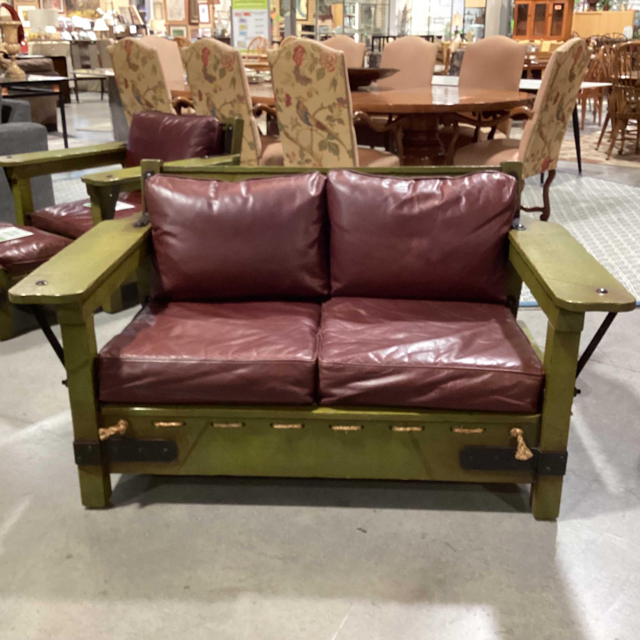 Art in Fine Forms Custom Spanish Green Alder Iron &Rope with Leather Cushions Sofa 57"x 36"x 31"