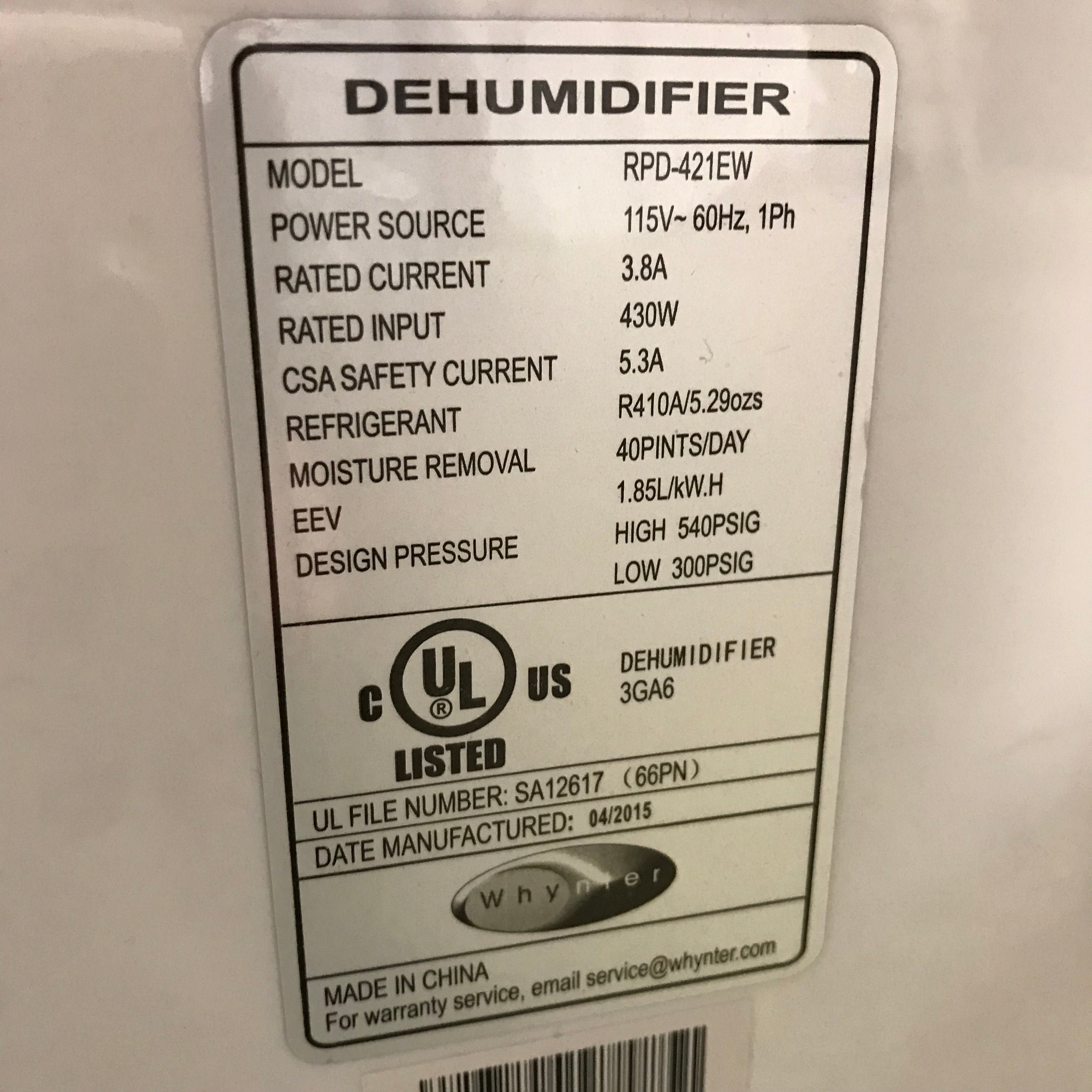 Whynter Dehumidifier